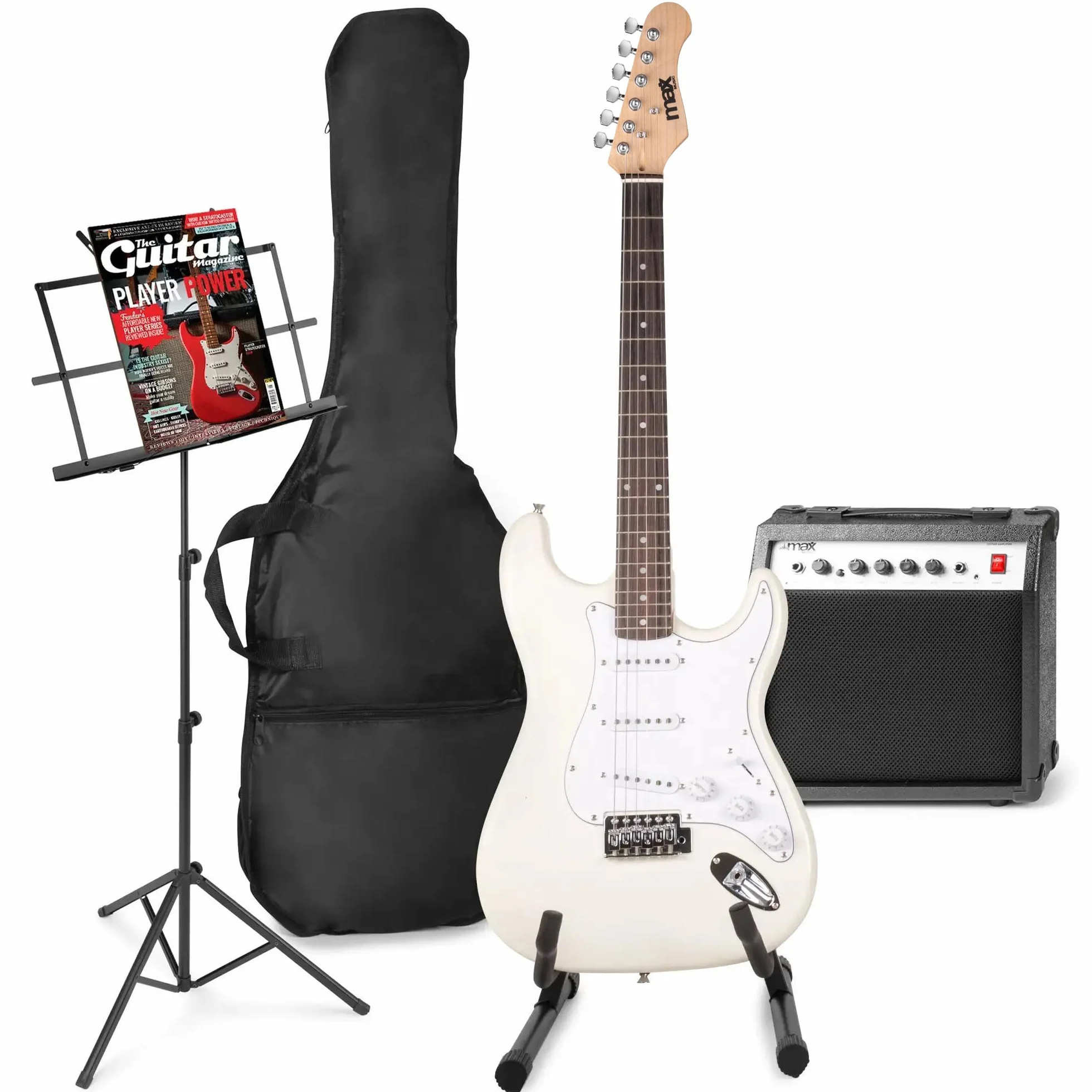 MAX GigKit – Pack guitarra eléctrica – Amplificador 40 W, altavoz 10'', overdrive, entrada AUX, soporte de suelo, atril, funda, afinador, cable, correa y accesorios, púas y cuerdas extra – Blanco