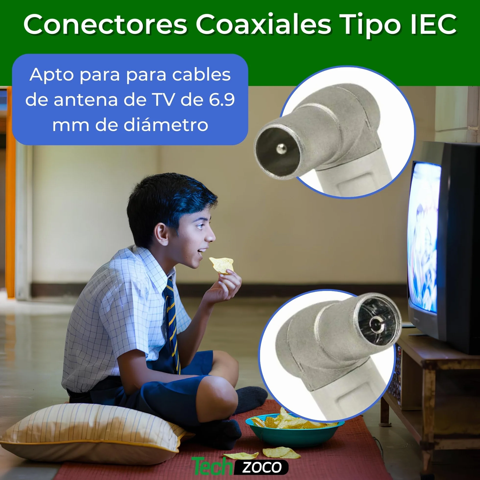 TECHZOCO Pack de 6 Conectores Coaxiales IEC para Cable de Antena de TV, CEI Acodado Blindado, 3 Machos + 3 Hembras, 6.9mm Diámetro