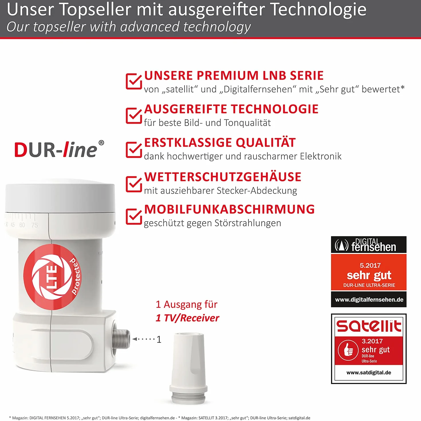 DUR-line +Ultra Single LNB - 1 participante Blanco - con Filtro LTE [ Prueba Muy Buena *] 1 Pliegue, Digital con protección contra la Intemperie, Full HD, 4K