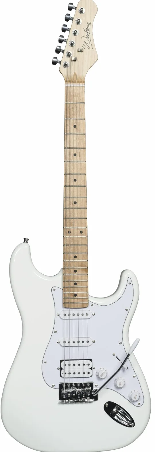 Guitarra eléctrica Woodbrass ST100 blanca – Ideal para principiantes, cuerpo de madera ST tilo americano, tecla de arce – Estilo rock, pop, funk, country, hard, metal