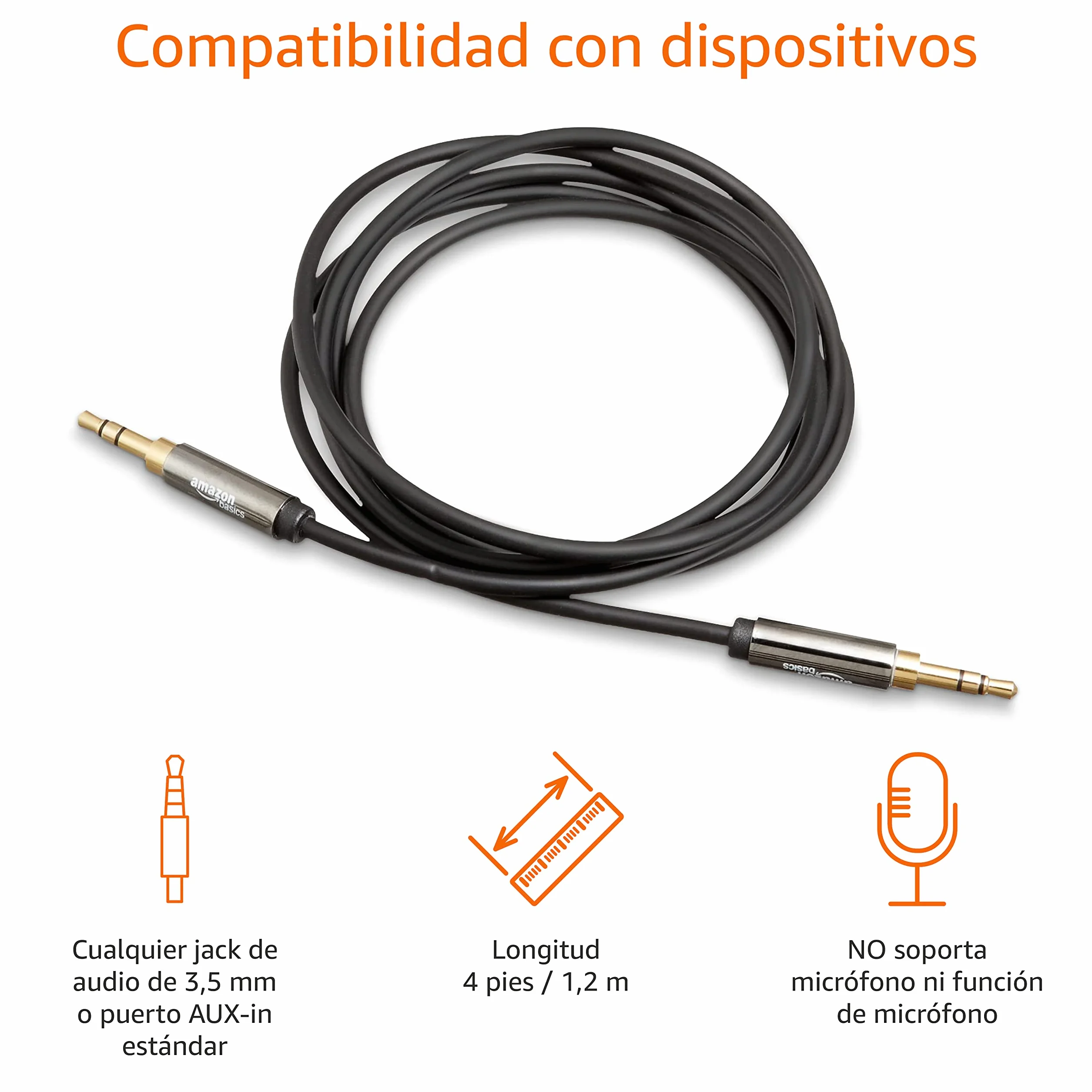 Amazon Basics Cable de audio estéreo Auxiliar 3,5 mm macho a macho 1,2 m Negro