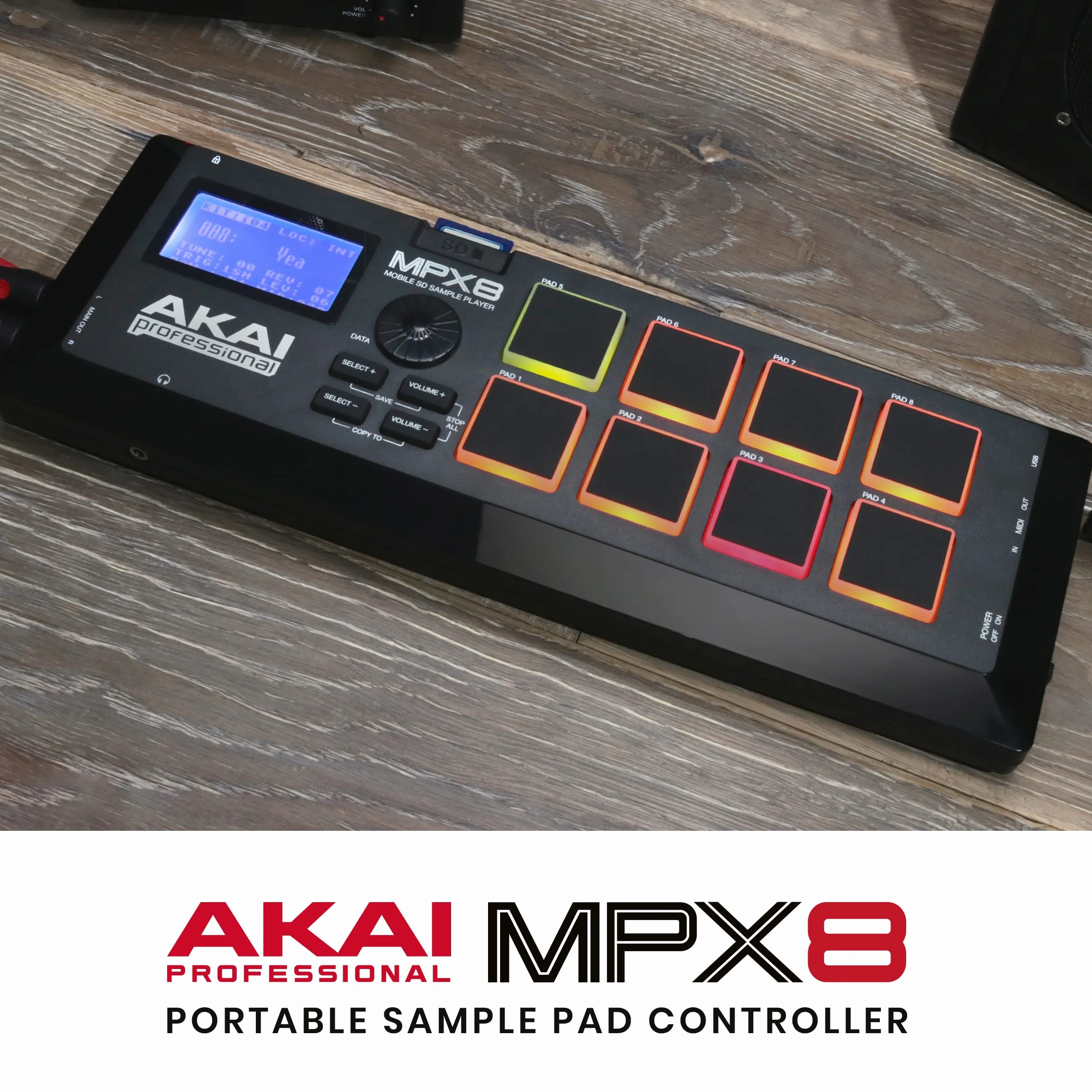 Akai Professional MPX8 - Controlador USB MIDI y Lanzador de Samples Portátil con 8 Pads Sensibles a la Velocidad y Ranura para Tarjeta SD