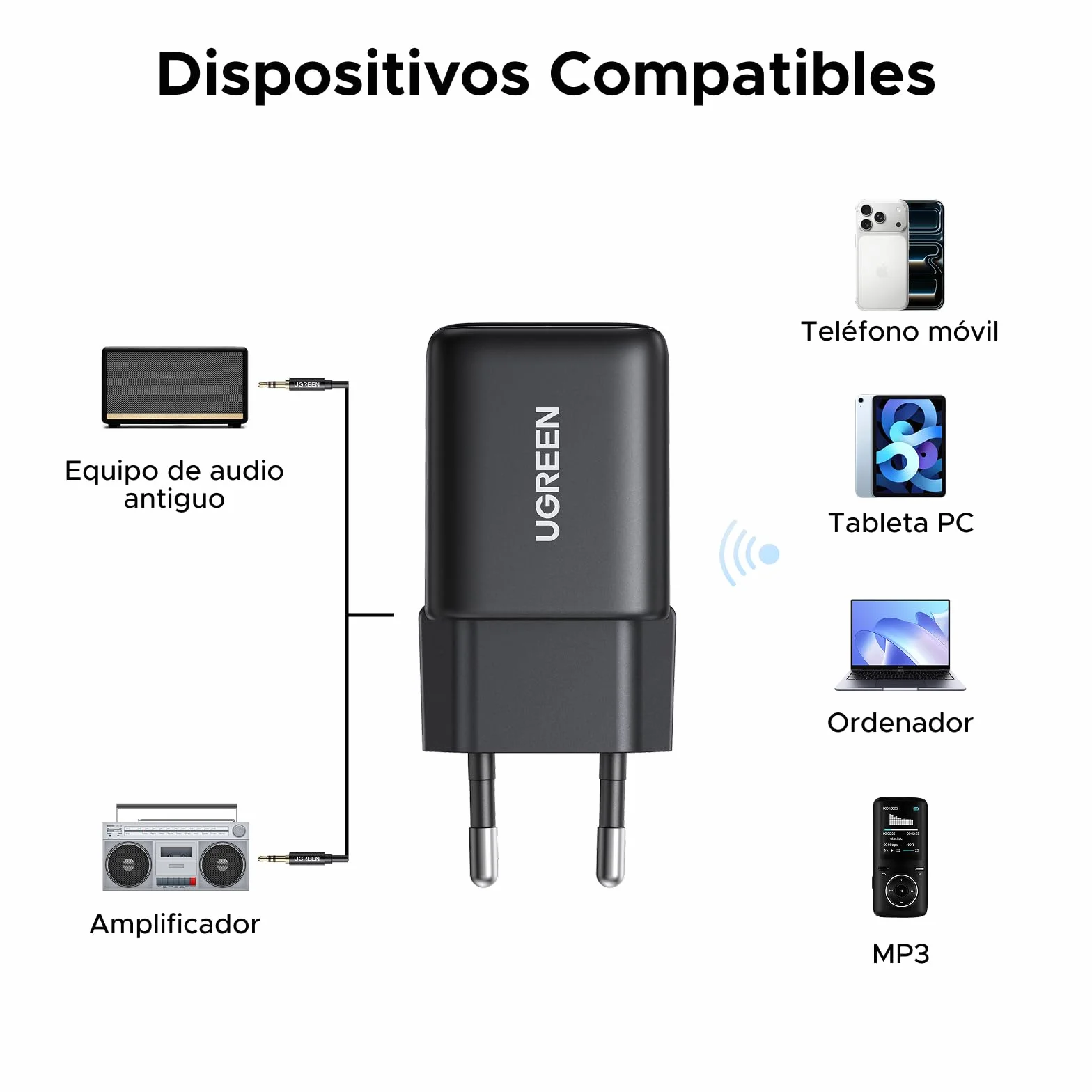 UGREEN Receptor Bluetooth 6.0 LDAC/SBC/AAC Audio Adaptador 3.5 mm Hi-Res HiFi Baja Latencia Inalámbrico Alimentación Eléctrica con Conexión Directa Compatible con Teléfono Tablet Altavoz Amplificador
