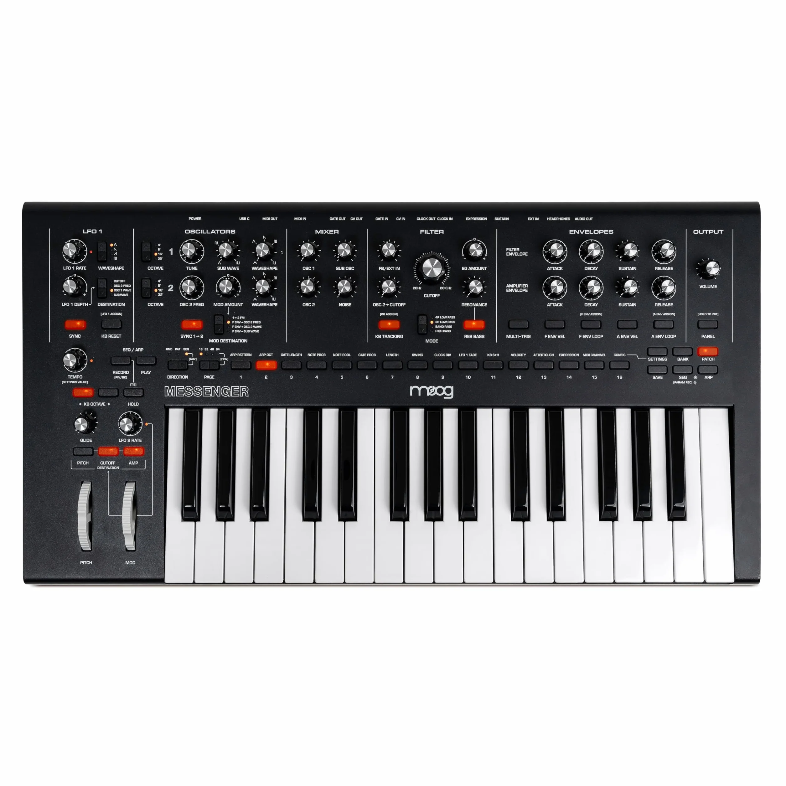 MOOG Messenger - Sintetizador de Teclado Monofónico Analógico Superavanzado, 32 Teclas, Secuenciador de 64 Pasos, 256 Presets y Compensación RES BASS