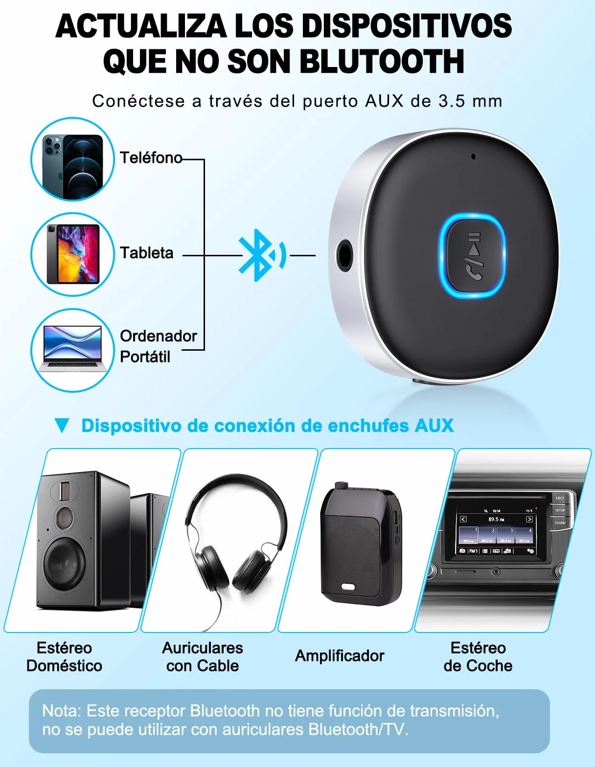 Mohard Receptor Bluetooth 5.0, AUX Adaptador Bluetooth Coche Audio Jack 3.5mm para Estéreo Domestico/Altavoz/Auriculares con Cable, Llamadas Manos Libres y Conexión Dual, Tiempo de Reproducción 16H