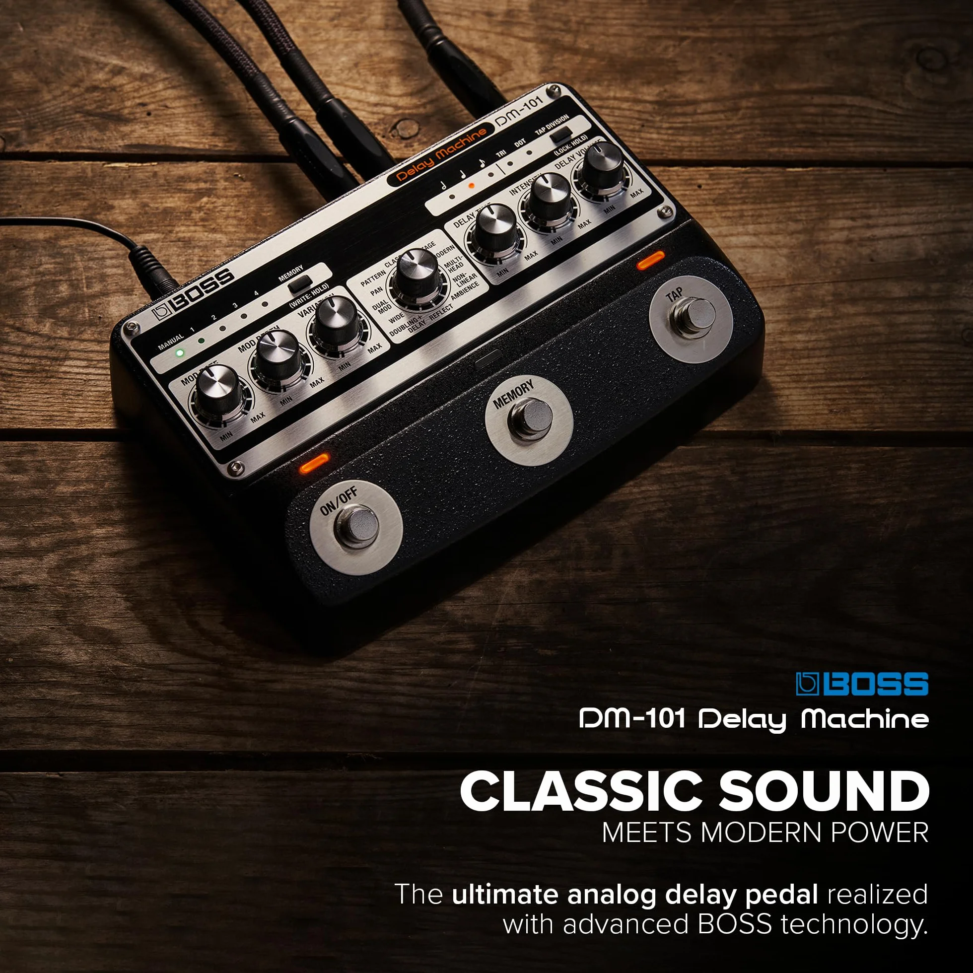 BOSS DM-101 Delay Machine | Pedal de delay analógico definitivo con tecnología avanzada | Sonido cálido, saturado y muy musical | 12 modos diferentes | Operación estéreo | 127 memorias de usuario