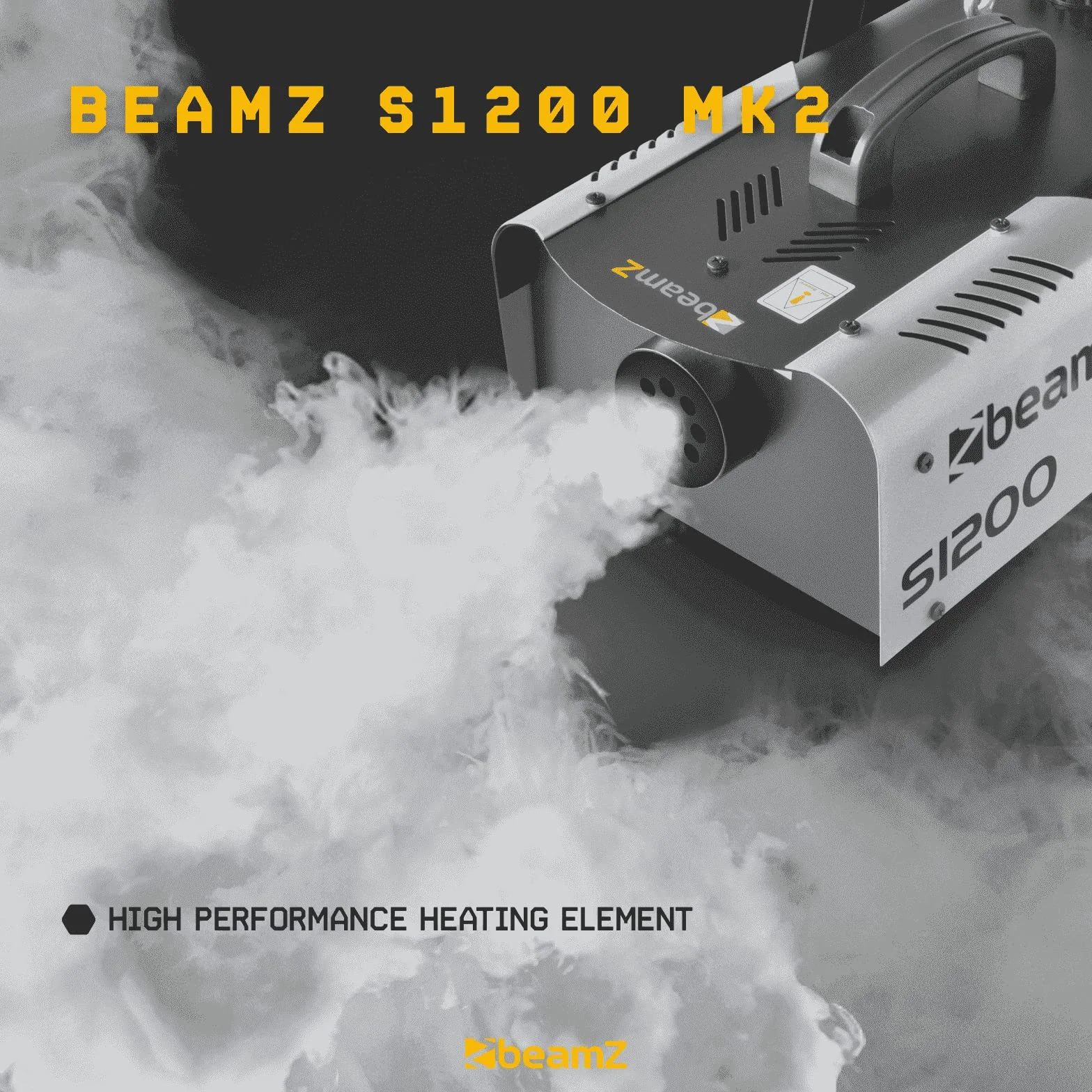 BeamZ S1200 MKII máquina de humo de 1200W, con tanque de 900ml. salida de 215m3 de humo por minuto, control remoto con cable de 3 metros con programador, sólida y fácil de transportar
