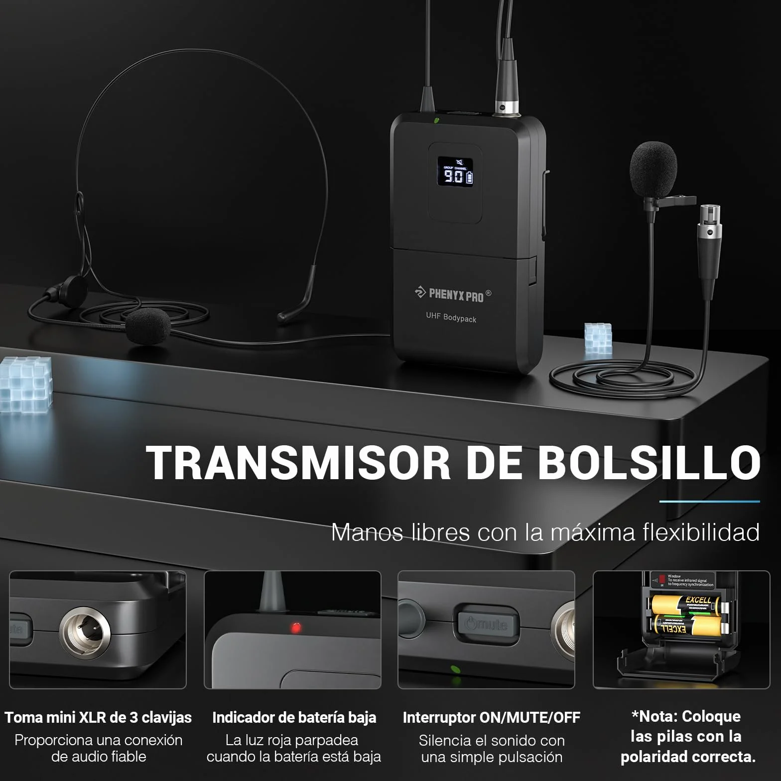 Phenyx Pro Sistema de microfono inalámbrica UHF de 4 canales con exploración automática, 4 Bodypacks/Auriculares/Micrófonos de solapa, 4x40 frecuencias, 328ft Cobertura, para iglesia, DJ (PTU-7000-4B)