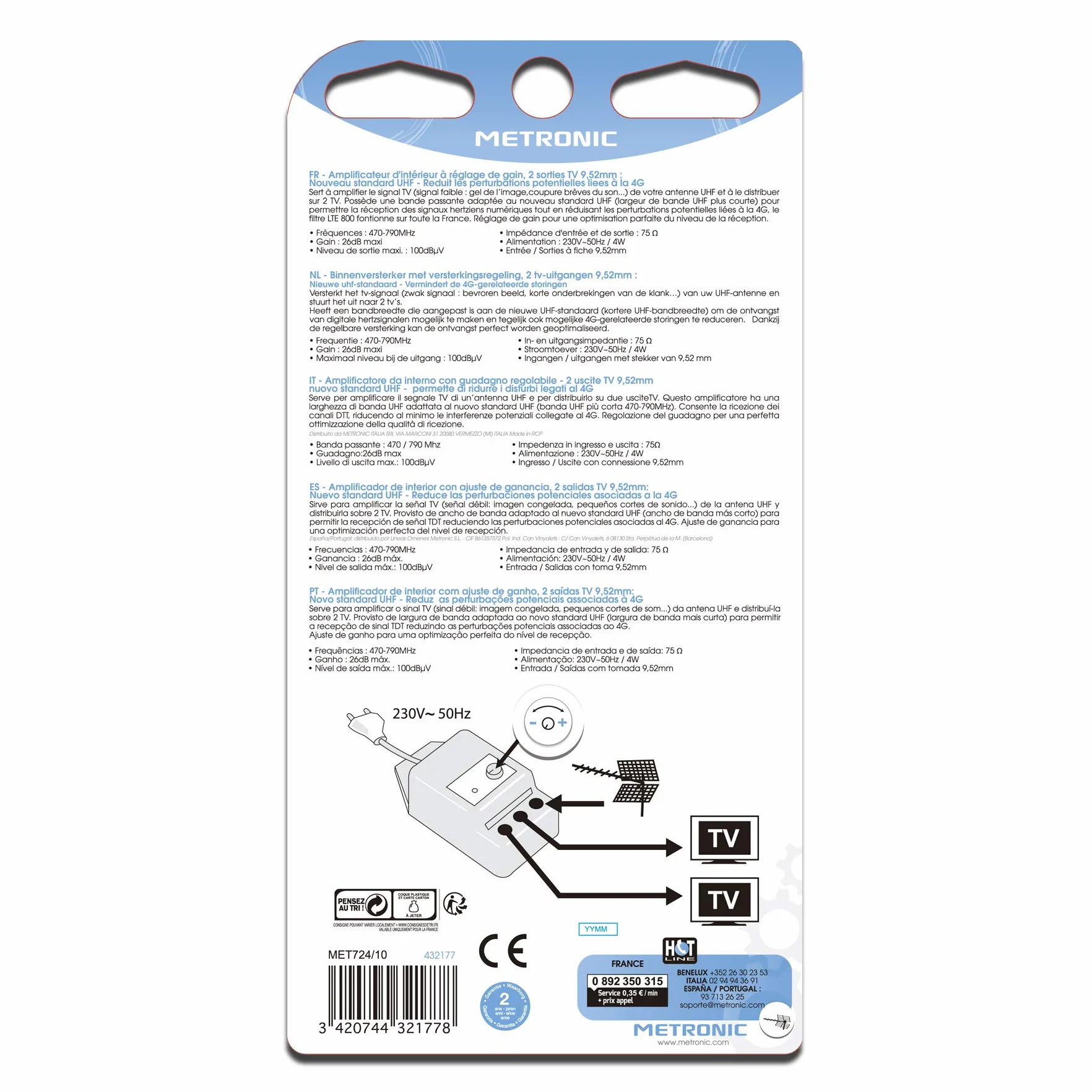 Metronic 432177 - Amplificador de interior con ajuste de ganancia y protección 4G, blanco