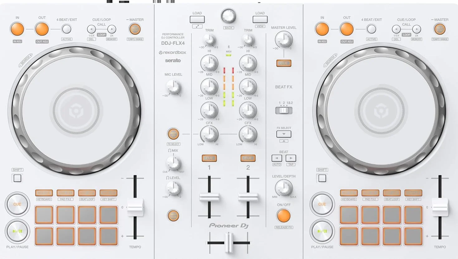 Pioneer DJ DDJ-FLX4 - Rekordbox de 2 cubiertas y controlador Serato DJ - Blanco, edición limitada