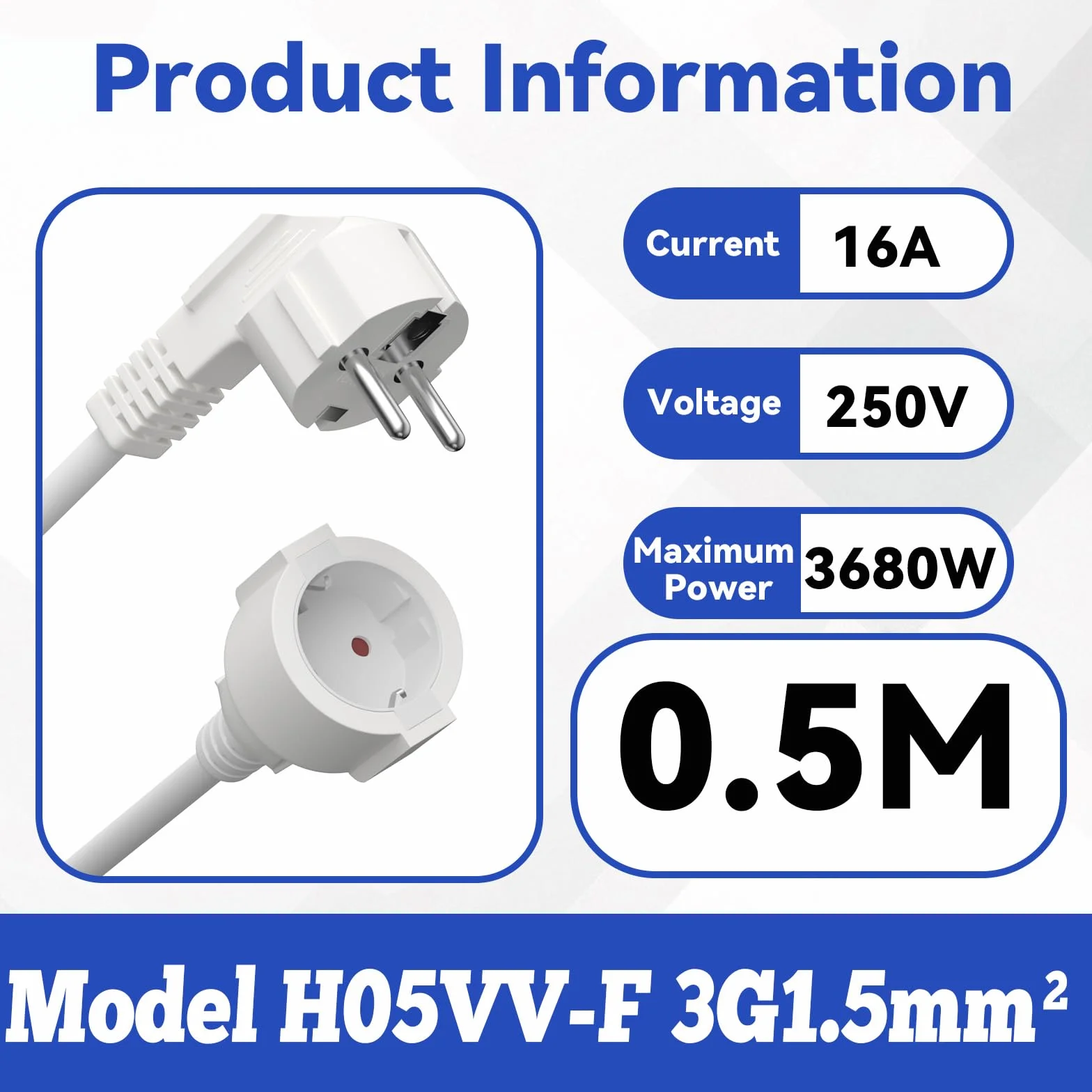 Prolongador Eléctrico 250V 16A 3680W H05VV-F 3G1.5mm² Cable de Extensión 0.5M