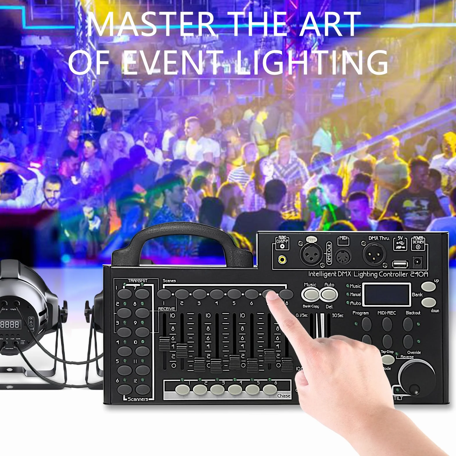 Consola de iluminación DMX, controlador DMX 512 de 240 canales para luces DJ, equipada con función de respaldo de datos USB, color negro
