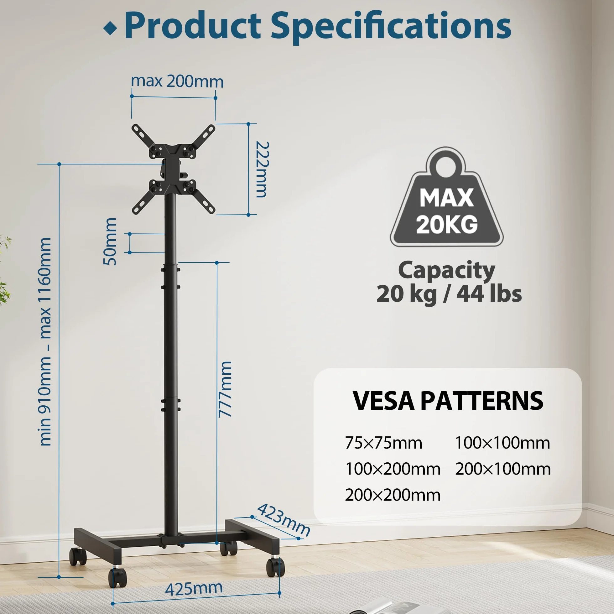 BONTEC Soporte TV Ruedas para Televisores de 13 a 42 Pulgadas, Altura Ajustable, Máx. VESA 200x200mm, 20 kg