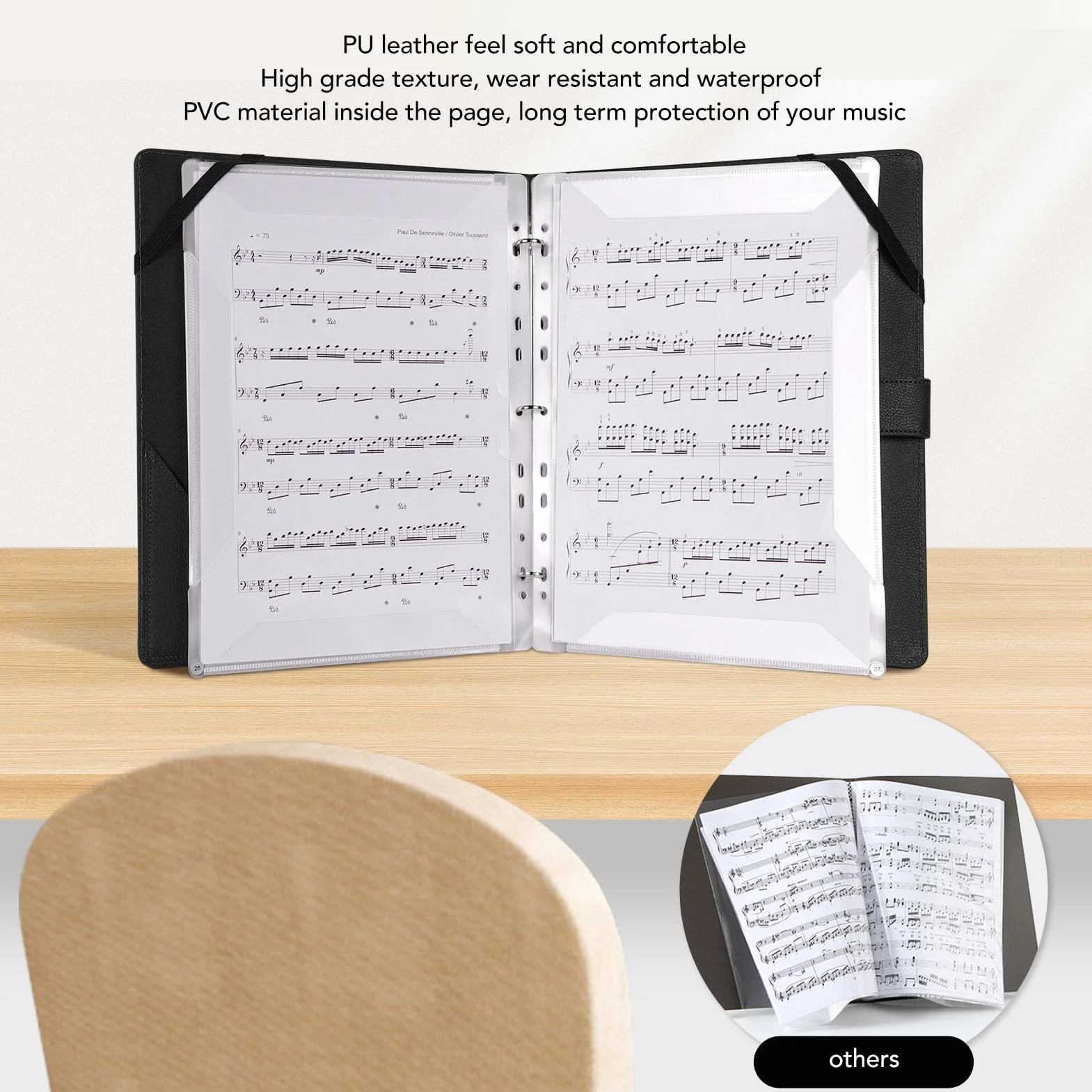 Carpeta de Partituras Portátil Durable, A4, Con Números de Página, PVC de Cuero PU, Negro, para Banda, Orquesta y Coro, Profesionales Musicales y Estudiantes.