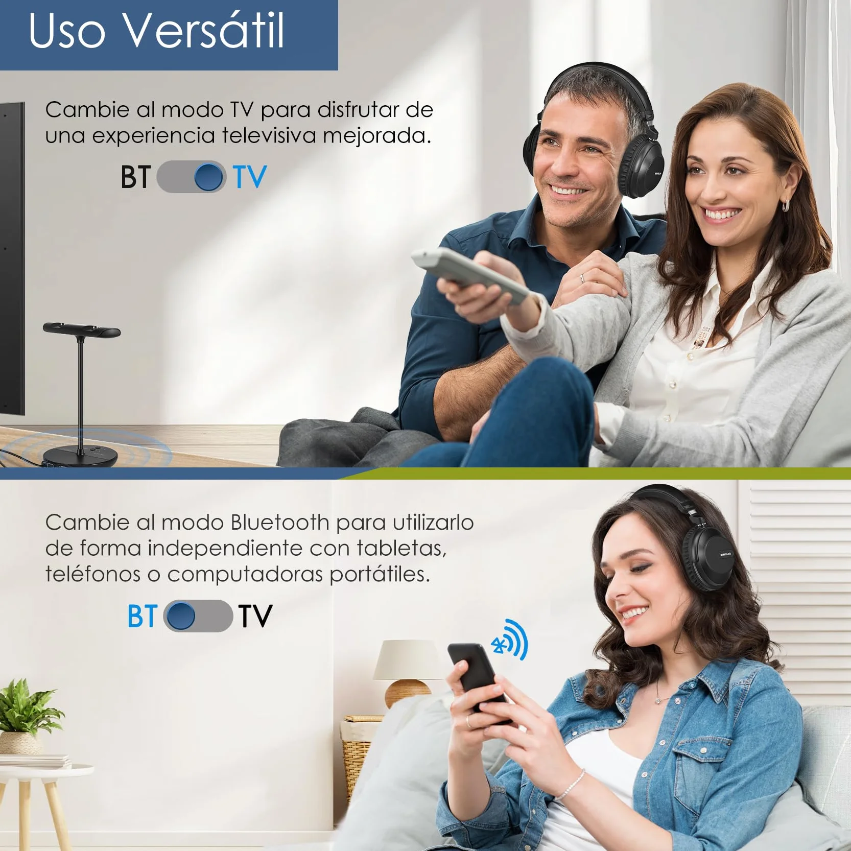 SIMOLIO Auriculares para TV con Tres Modos de Audio, Auriculares Inalámbricos Bluetooth Duales con Volumen Amplificado para Personas Mayores, Sin Retrasos, Modo TV y Bluetooth, 164 Pies/50 Metros