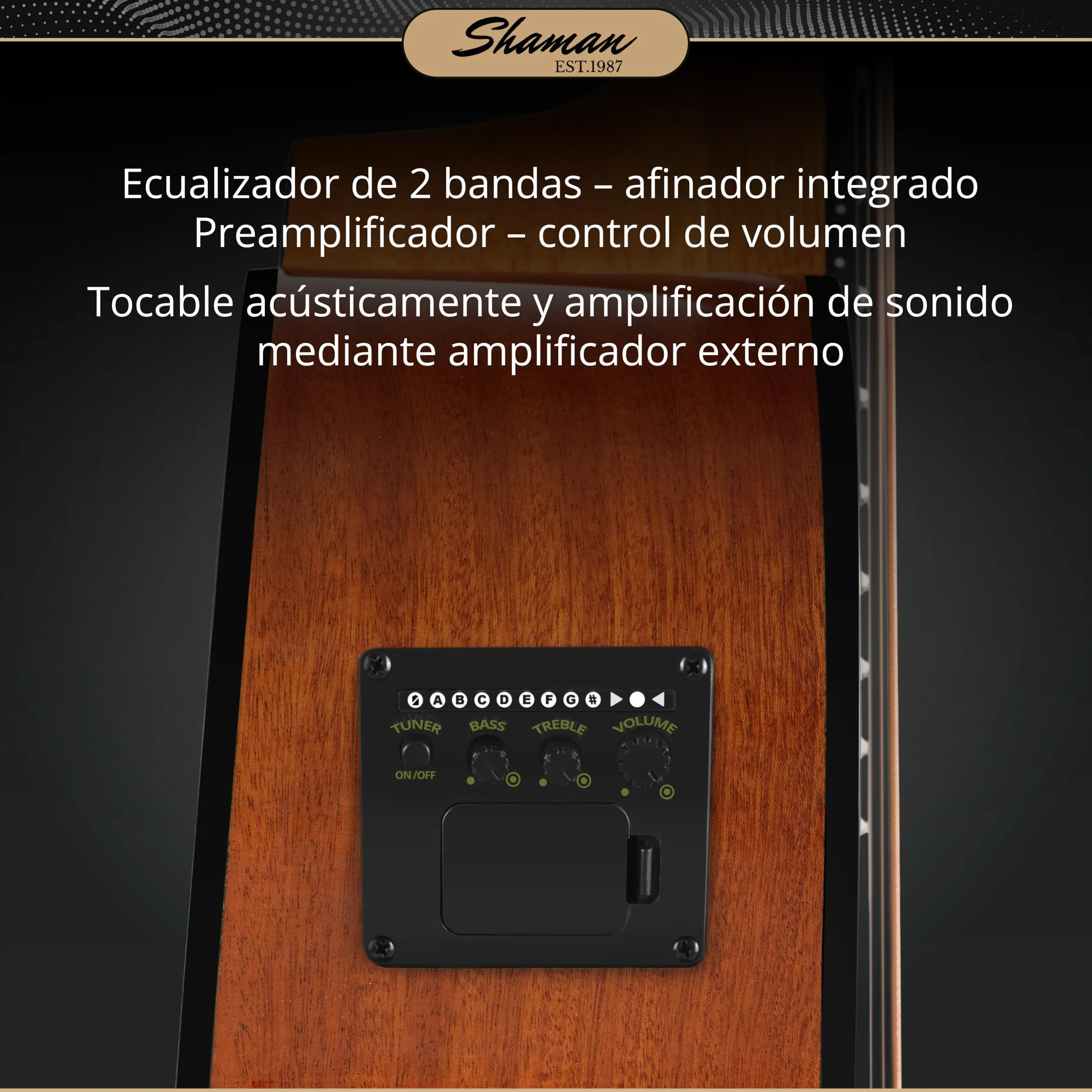 Shaman AB4-50CE Bajo acústico de 4 cuerdas - Tapa de abeto con cuerpo de caoba - Pastilla integrada con preamplificador y ecualizador de 2 bandas - Escala 34" - Acabado brillante - Natural