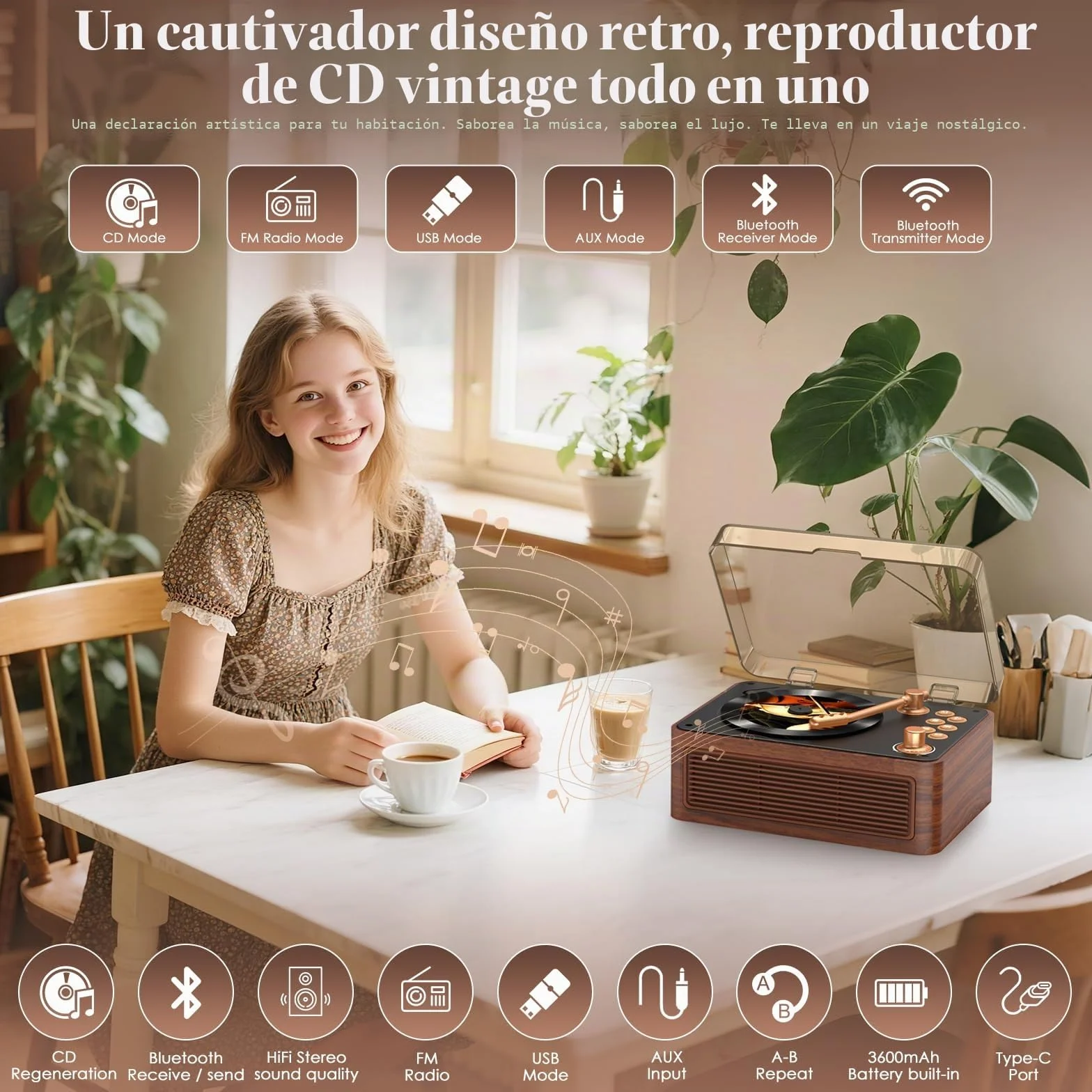 Kegaudio Reproductor CD Portatil Bluetooth con Radio y Mando a Distancia USB AUX Nogal