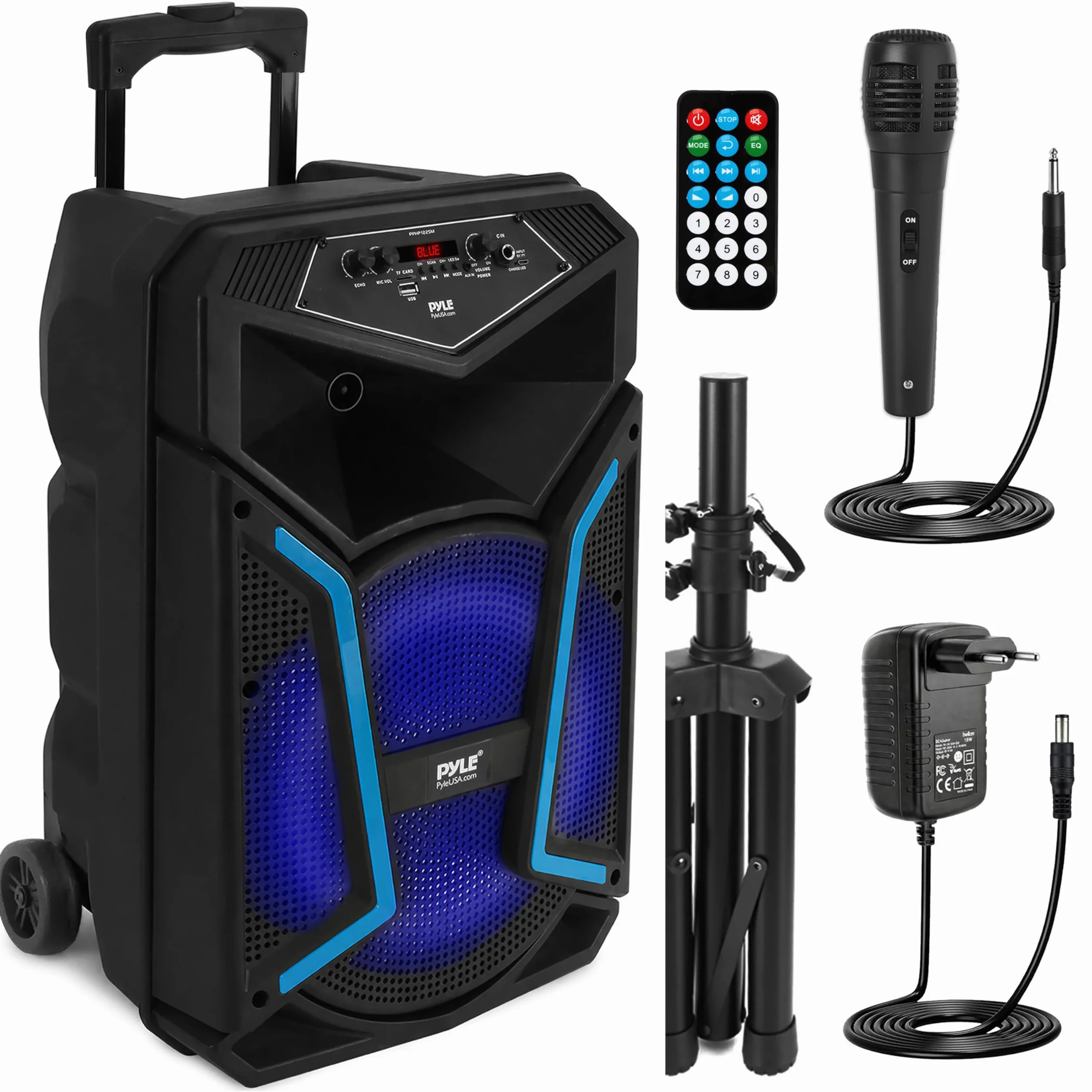 Pyle Sistema de Altavoces, PA, 800W, Bluetooth, Portatil, Microfono, Mando a Distancia, Luces, MP3, USB, Radio FM, Ruedas para facil Transporte