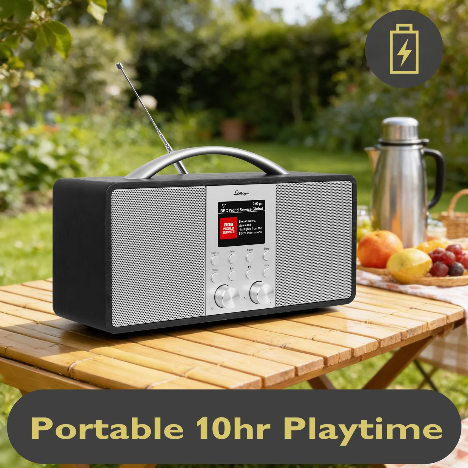 Lemega IR6 Radio por Internet Estéreo con Podcasts y Bluetooth - Radio Dab/Dab+ y FM con Sonido Real 2.0, 150 Presintonías,Radio Despertador,Batería Recargable USB-C,Madera Premium y asa de Aluminio