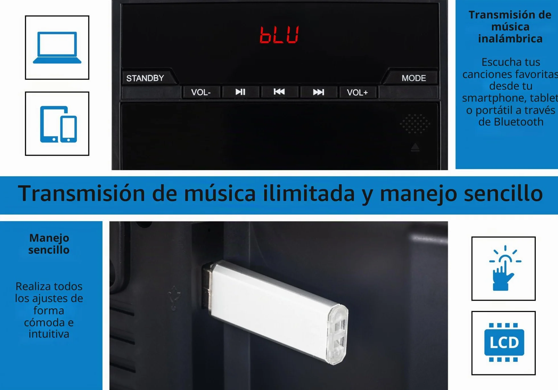 Equipo de Música Vertical MCD-60 (Reproductor CD/MP3, USB, Bluetooth, Entrada Aux, Montaje de Pie o Pared, Incluye Mando a Distancia) Negro