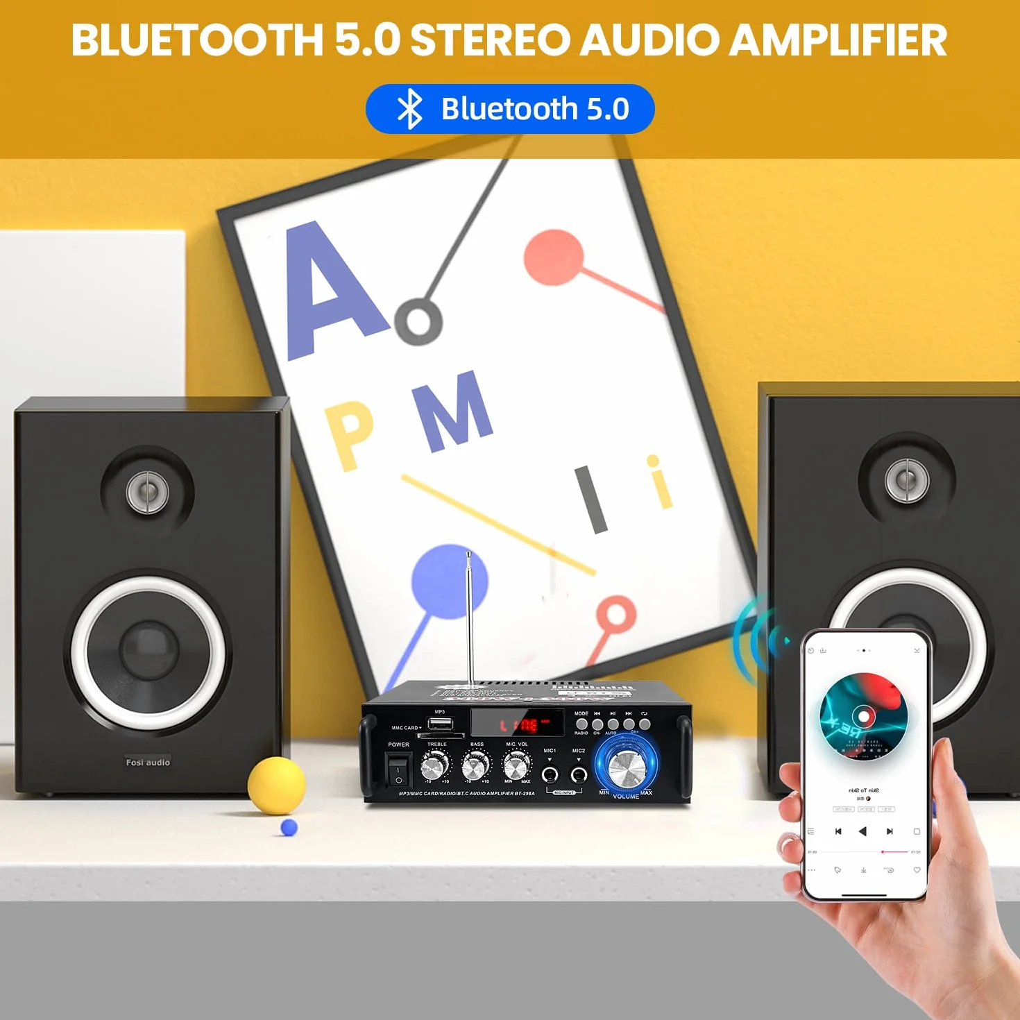 Mini Bluetooth Amplificador Audio, 600W HiFi de 2.0 Canales Audio Stereo Music Reproductor, SD Card/USB Input/FM Radio, para PC, TV, Amplificador Coche, casa Altavoz, subwoofer BT 12v 220V (600W)