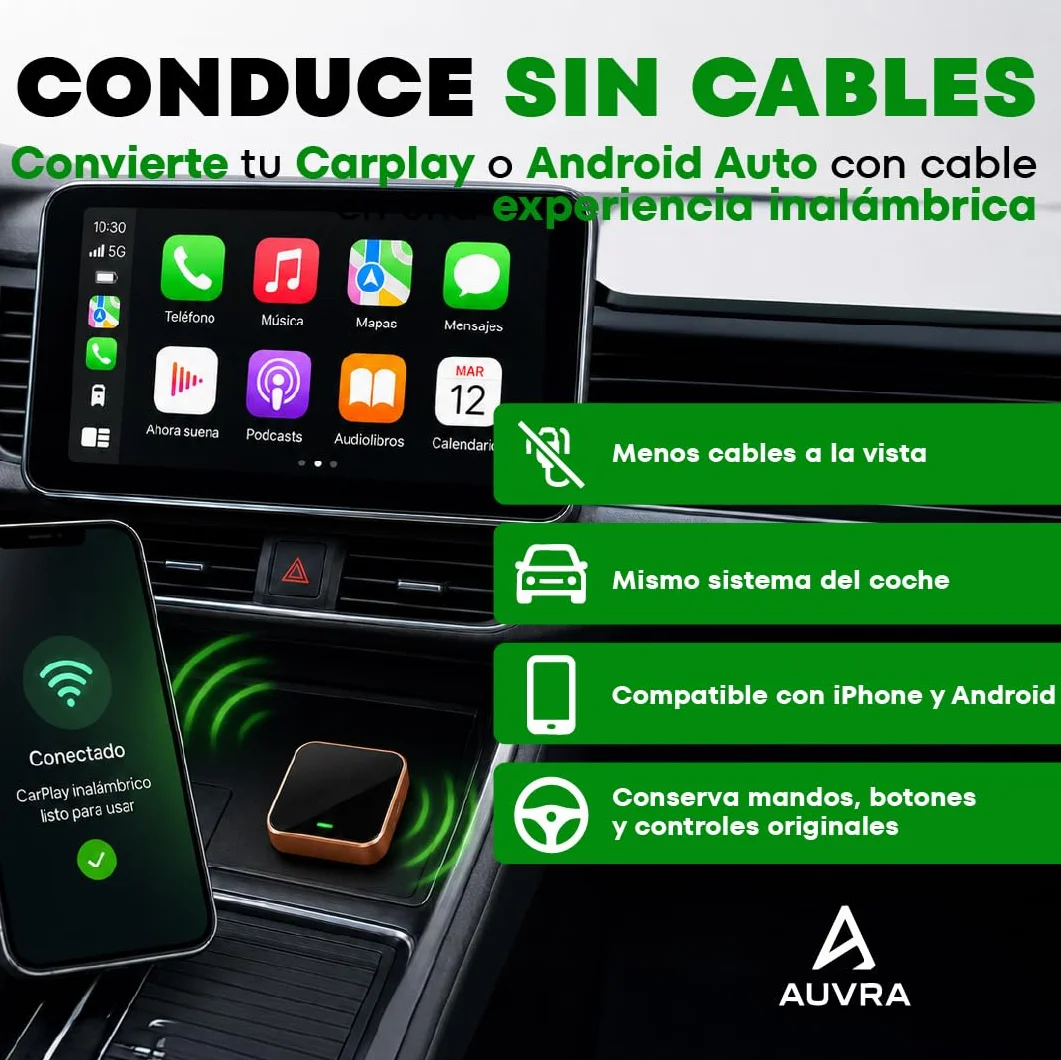 Carplay Inalambrico 2026 Adaptador Android Apple Auto Inalambrico para Coche Bluetooth WiFi USB C Plug Play Compatible iPhone Conexion Estable Sin Cables Mini Dongle Accesorios Coche Interior Air USB