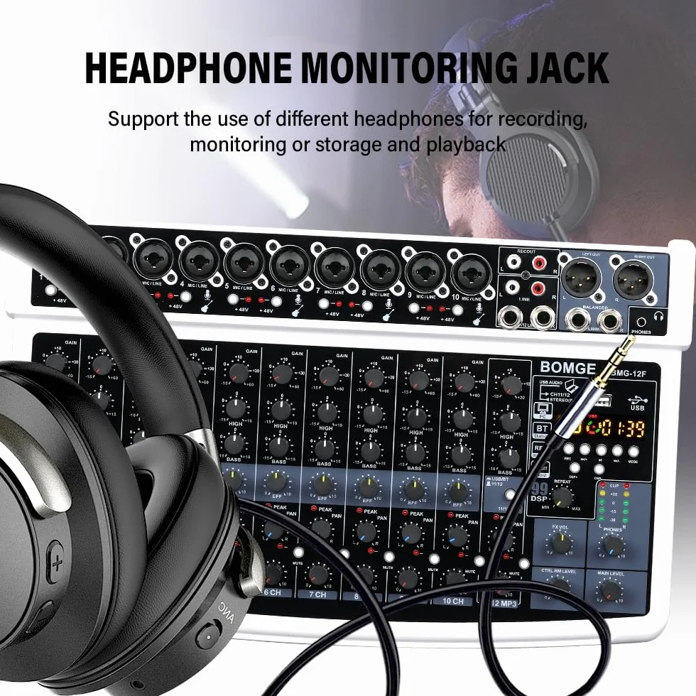 BOMGE Mezclador de audio profesional, 12 canales, Bluetooth, USB, alimentación de 48 V, entradas XLR/RCA, efectos DSP