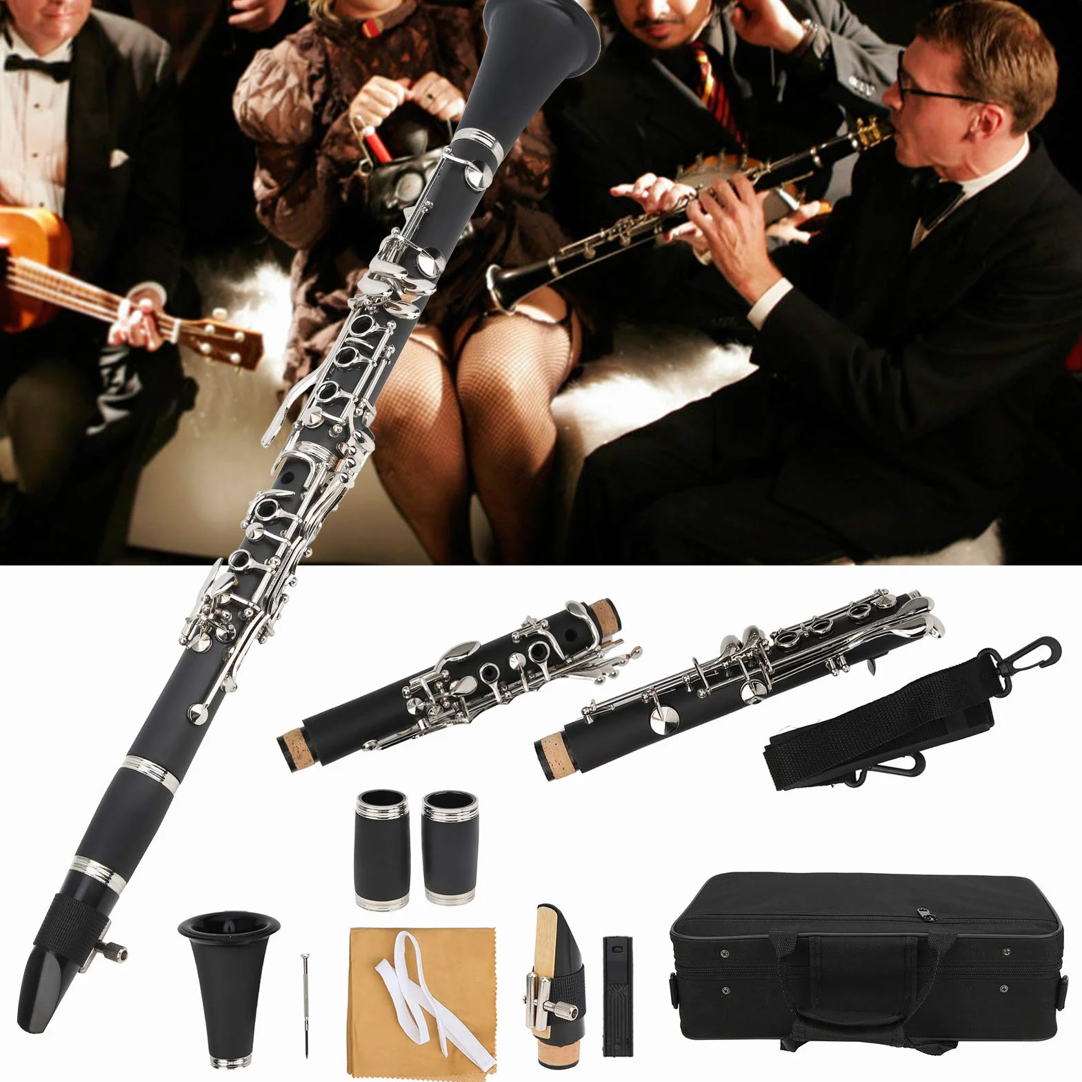 Clarinete para principiantes, madera de larga duración con paño de limpieza Clarinete para llave en Sib, para principiantes Niños(black)