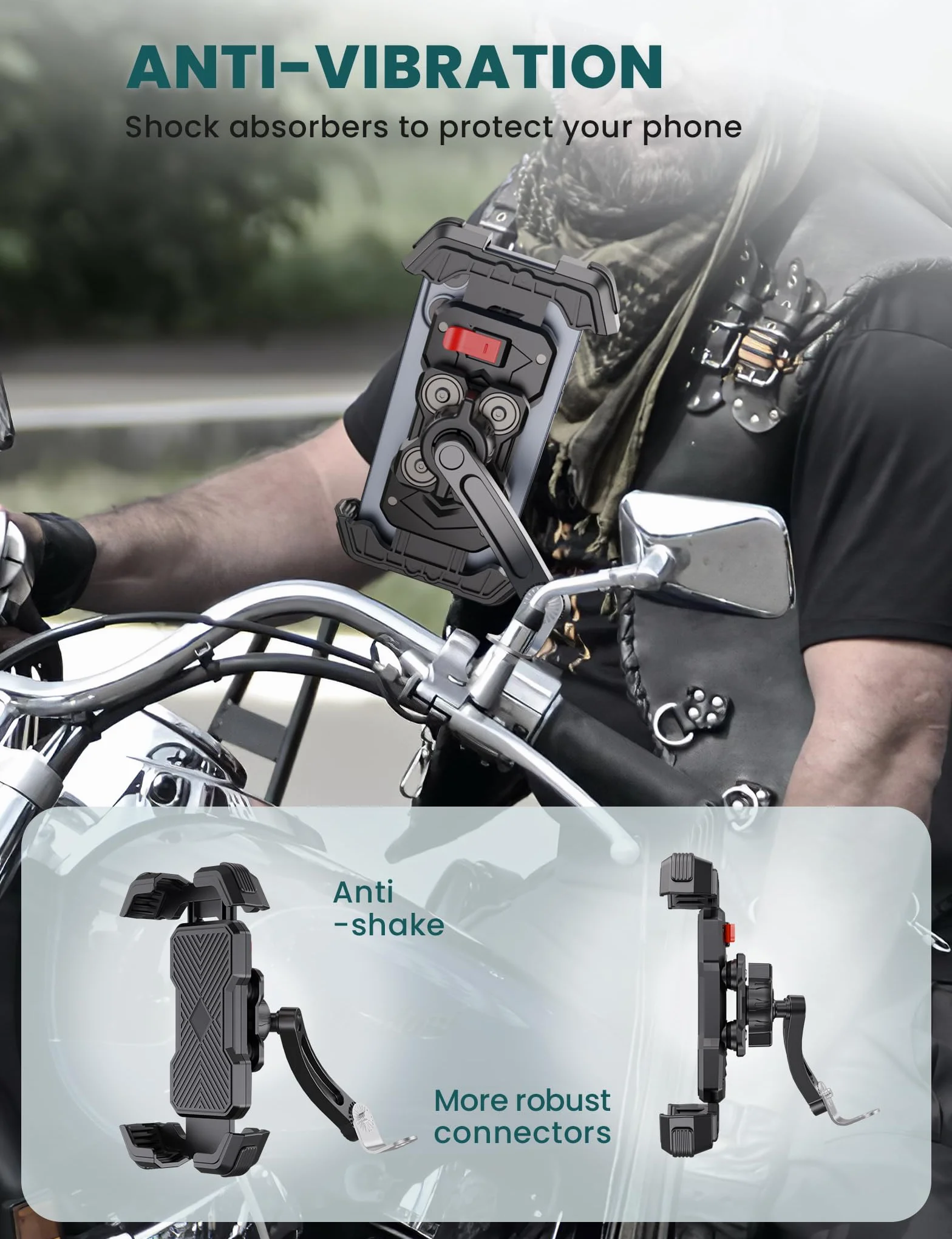 Soporte Universal para teléfono de Motocicleta, Doble amortiguación de vibración, rotación 360°, para Smartphone 4.5-7.2 Pulgadas (Negro)