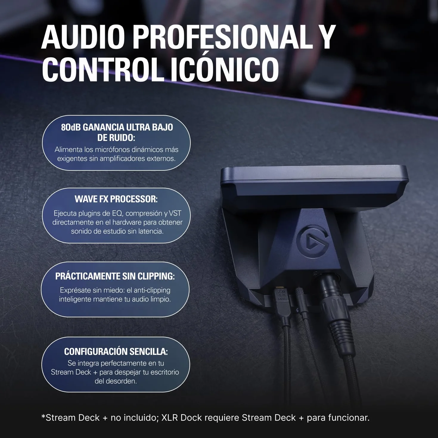 Elgato XLR Dock MK.2 - Accesorio de interfaz de audio para Stream Deck +, 80 dB de ganancia, alimentación phantom, Clipguard 2.0, efectos DSP, USB-C, funciona con cualquier micrófono XLR