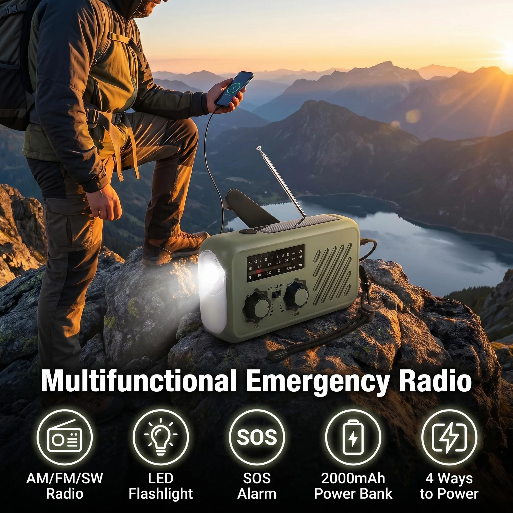 Radio de Emergencia Solar y Manivela, Radio FM/Am Portátil con Linterna LED, Luz de Lectura y Powerbank 2000mAh – Ideal para Cortes de Luz, Camping, Acampada y Regalos para Hombre