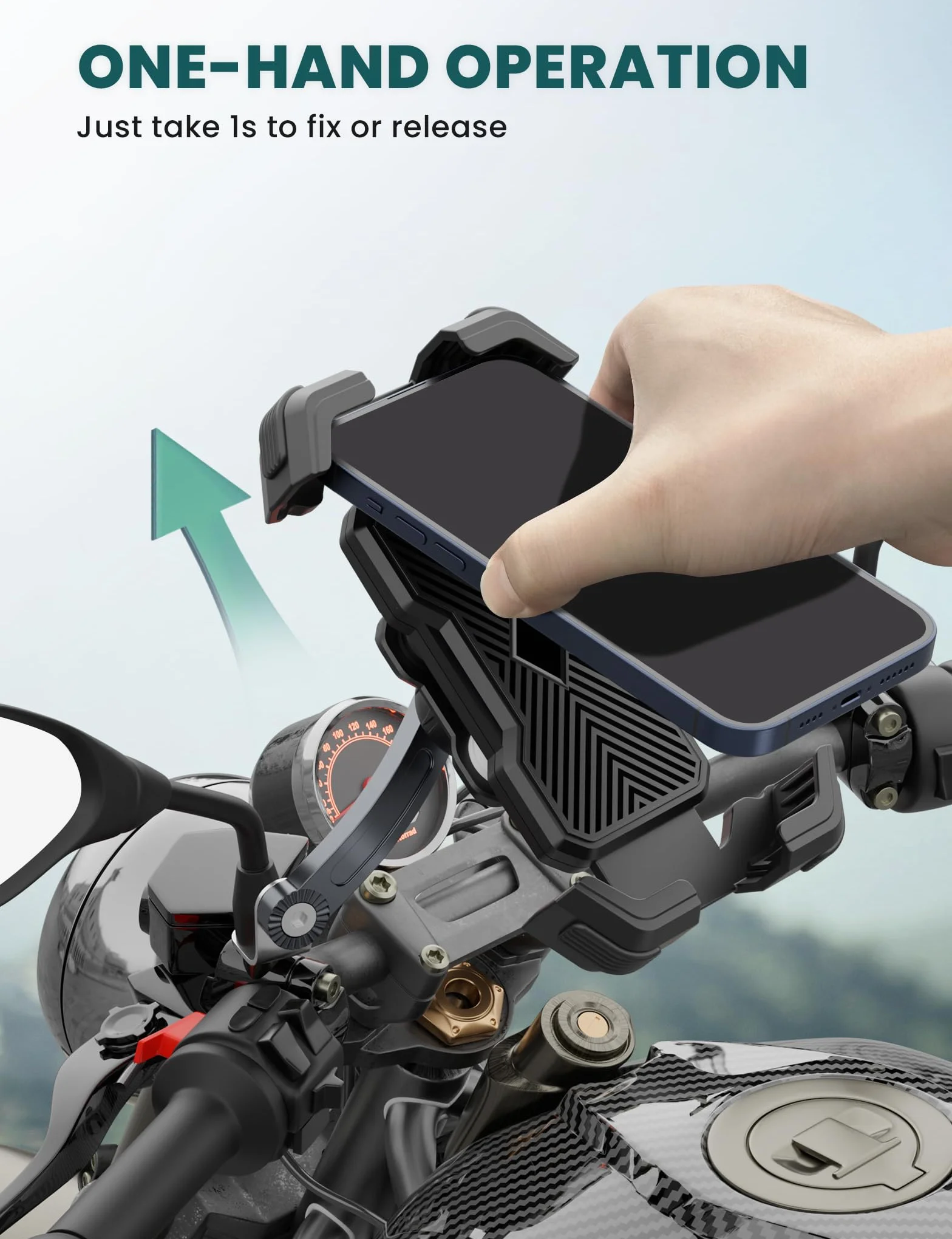 Soporte Universal para teléfono de Motocicleta, Doble amortiguación de vibración, rotación 360°, para Smartphone 4.5-7.2 Pulgadas (Negro)
