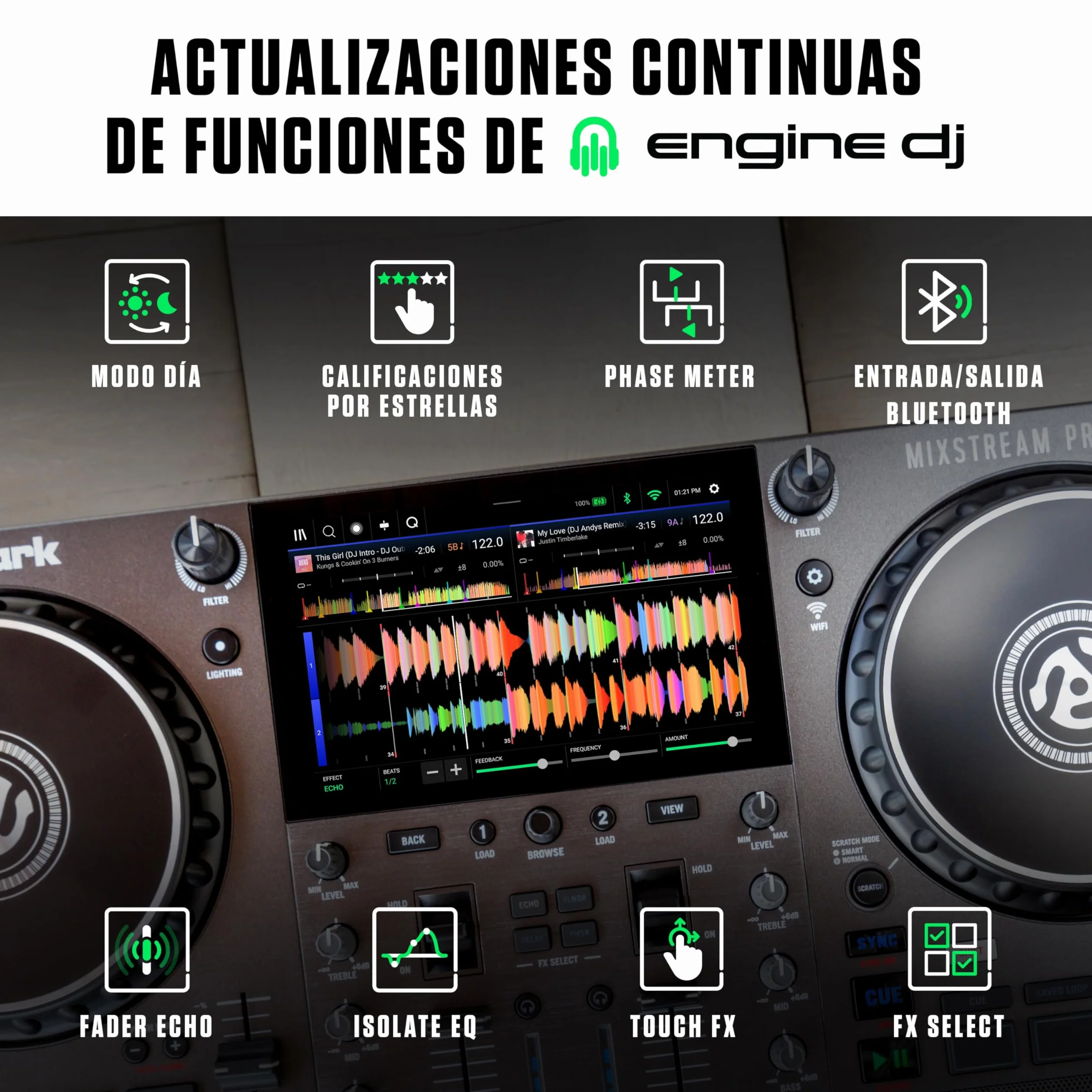 Numark Mixstream Pro Go Controlador DJ portátil, batería, mezclador con separación de stems, altavoces, streaming wifi, pantalla táctil y Serato DJ