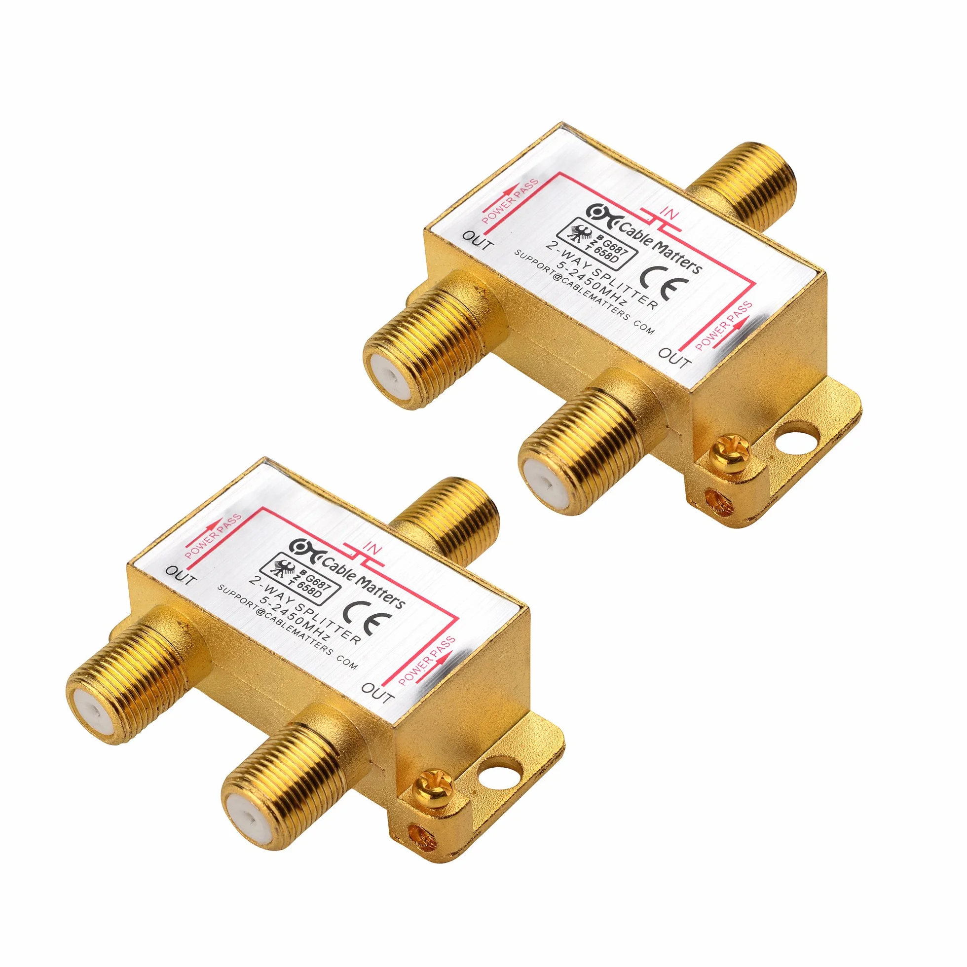 Cable Matters Paquete de 2 Divisores de Cable coaxial bidireccional de 2,4 GHz para televisión STB, Antena y Red Moca - Paso de energía por Todos los Puertos