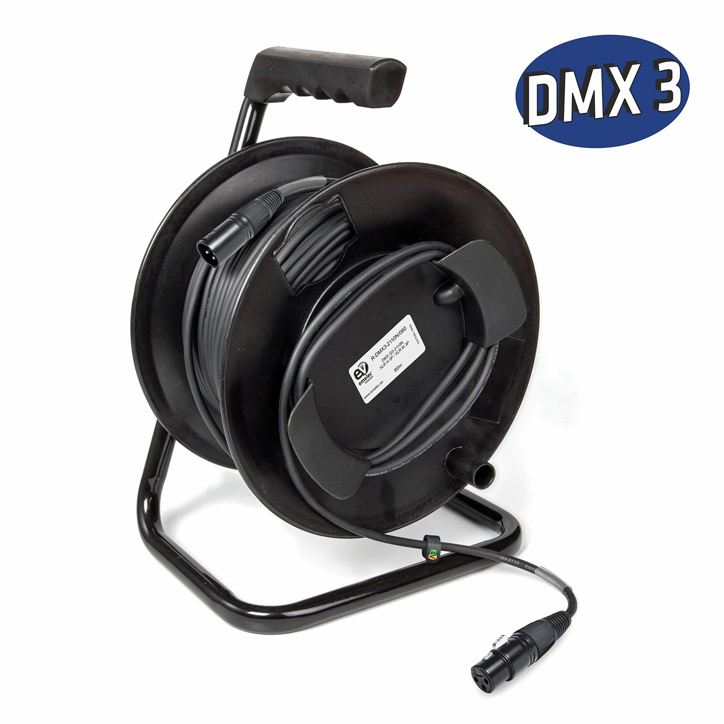 R-DMX3-2110N/050 – 50m Cable Balanceado Digital DMX 110Ω OFC 2x0,22mm² montado en Portacables con XLR 3 Pines – Color Negro – PVC Muy Flexible