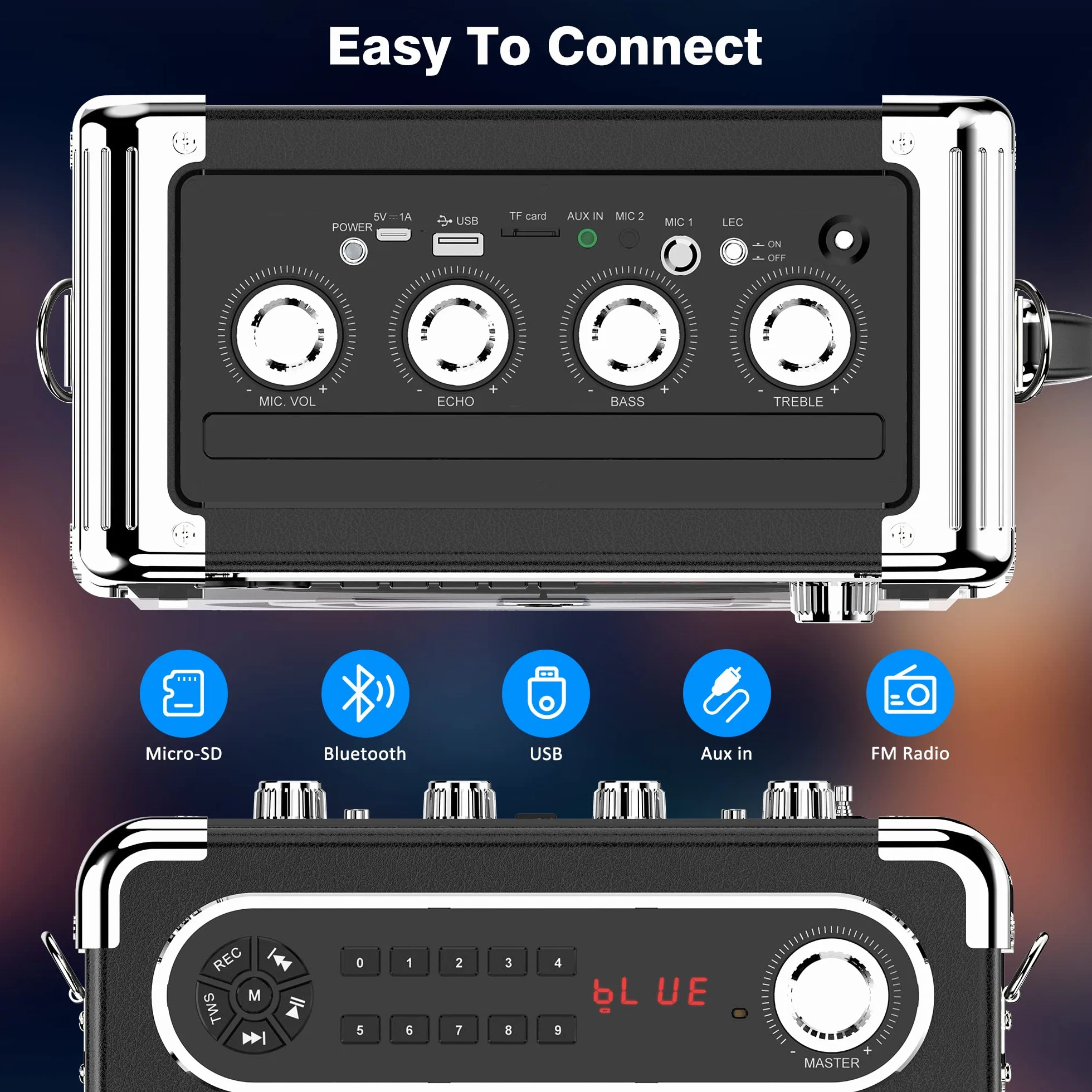 Altavoz Bluetooth, altavoz inalámbrico portátil, caja de música con luces LED de colores mixtos y 2 micrófonos, fuerte con graves potentes, compatible con tarjeta USB/TF/AUX/FM/Rec para fiestas