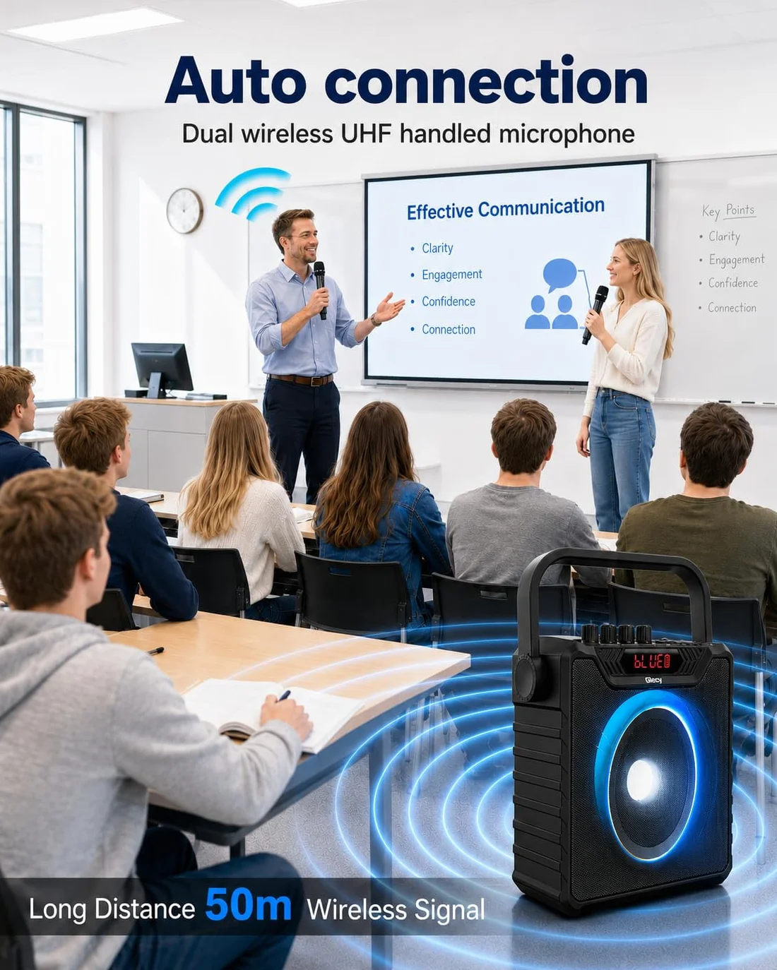 Amplificador de Voz con 2 Micrófonos Inalámbricos UHF, Portátil Altavoz Karaoke con Sistema PA para Fiestas y Altavoz Bluetooth con Bass Boost