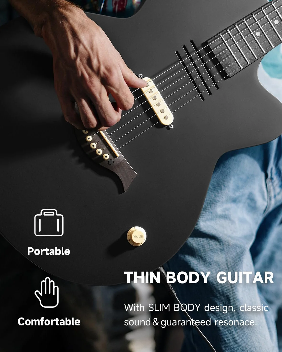 Moukey BCC-100 Guitarra electroacústica de 39 pulgadas con cutaway, pastilla pasiva, funda, correa, púas, afinador y cejilla, modo acústico y eléctrico, Negro