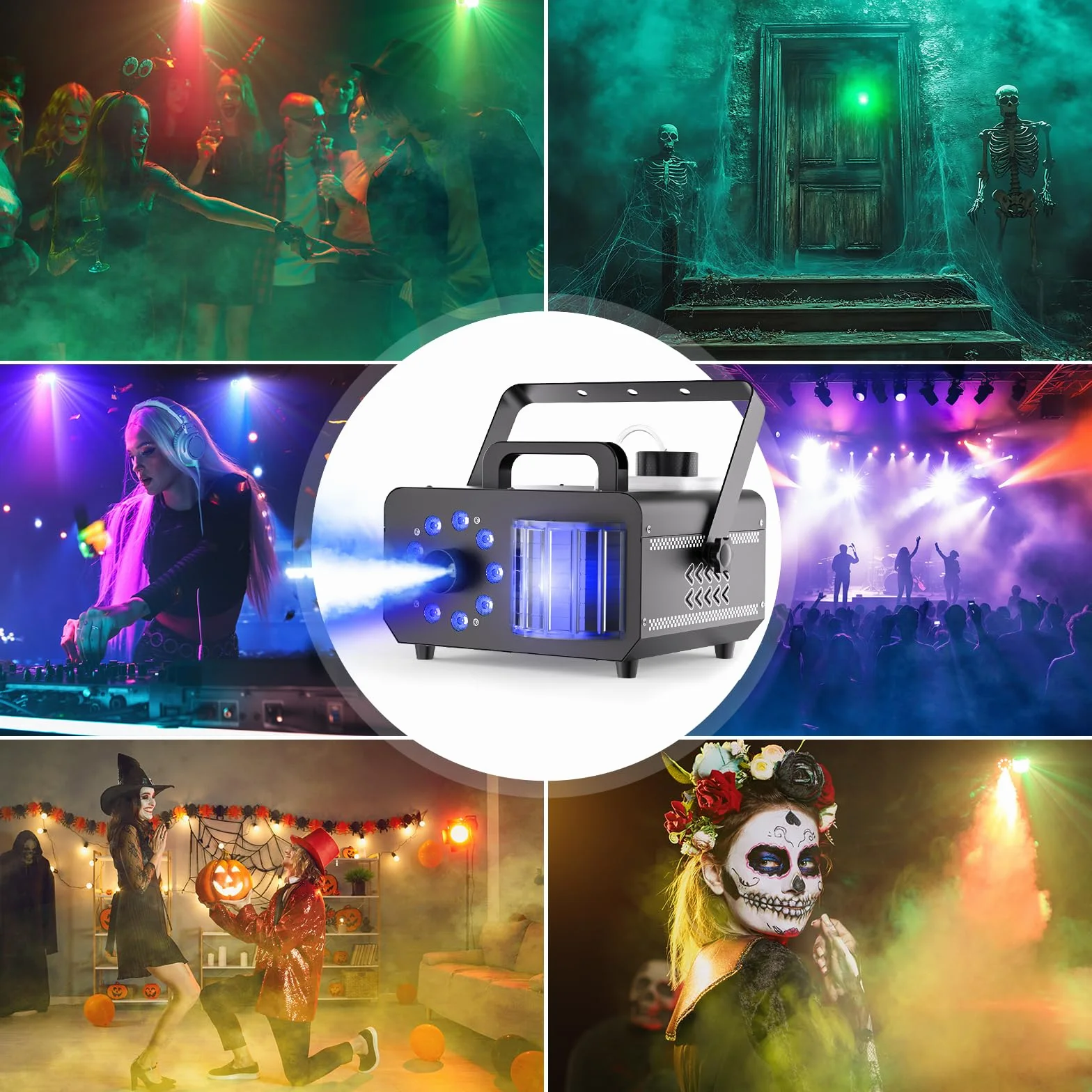 Máquina de Humo 1200W Máquina de Niebla con Control Remoto, 9 LED RGB Efectos de Luz Haz de Discoteca Fog Machine Portátil Estroboscópica 14 Colores para DJ Halloween Bodas Navidad Escenarios