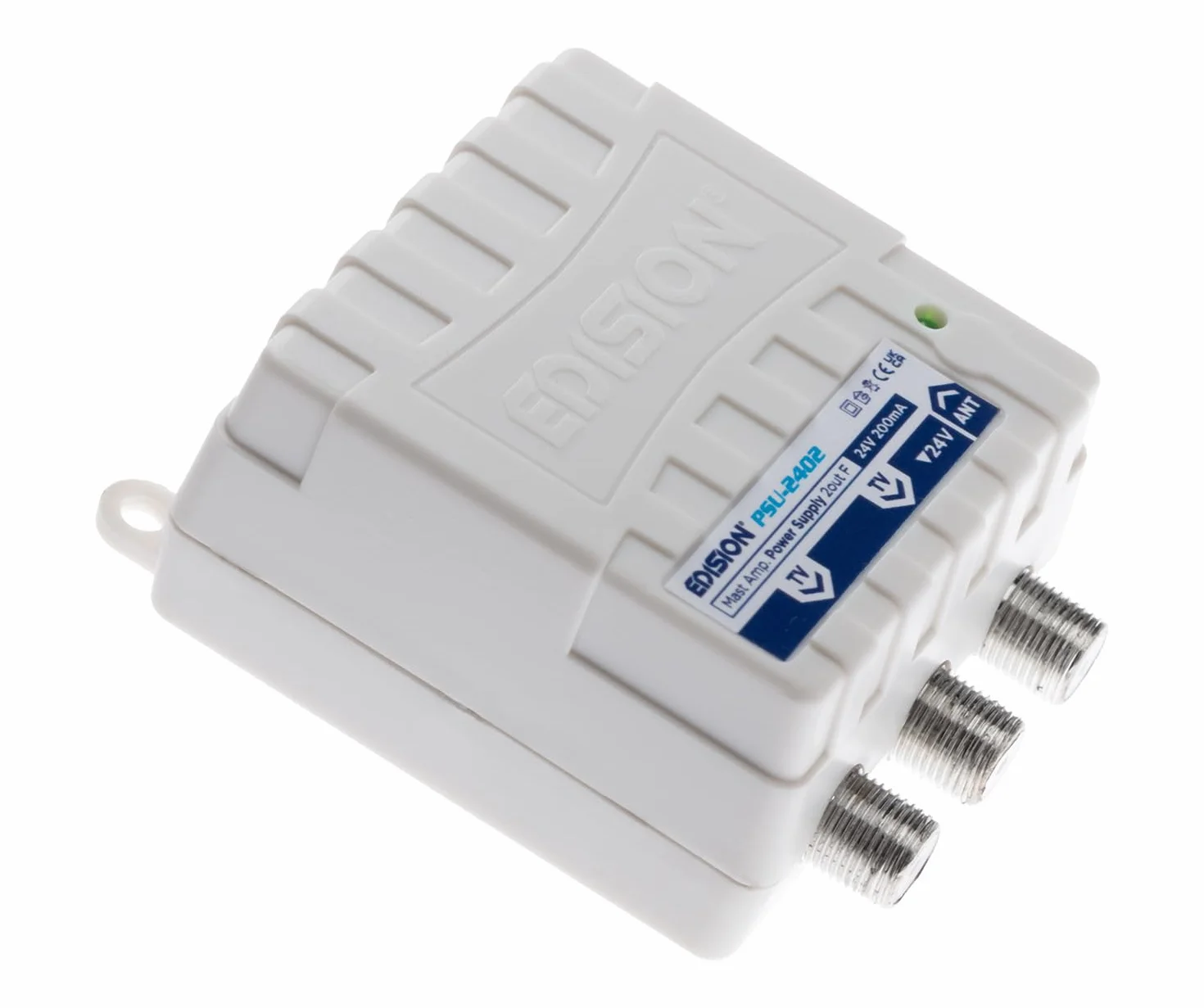 EDISION MAK-100 Kit: Amplificador Antena TV de mástil 1UHF, 10-25db, 107dBmV, 24V, para Digital Terrestre DVB-T/T2, con Filtro 5G LTE, + Fuente de Alimentación 24V 200mA F 2 Salidas