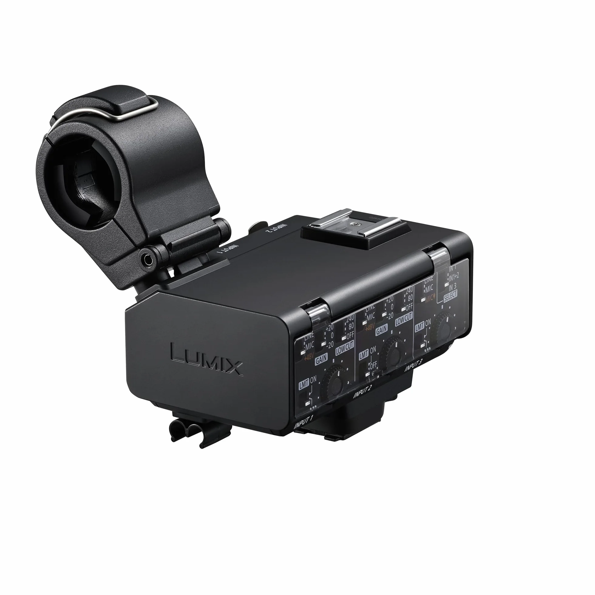 Panasonic Lumix DMW-XLR2 XLR Adaptador de Micrófono Lumix DC-GH7, Grabación 32 bits Punto Flotante, Alta Resolución, 4 Canales, Soporte Micrófono, Miniconector Estéreo 3,5 mm, Negro