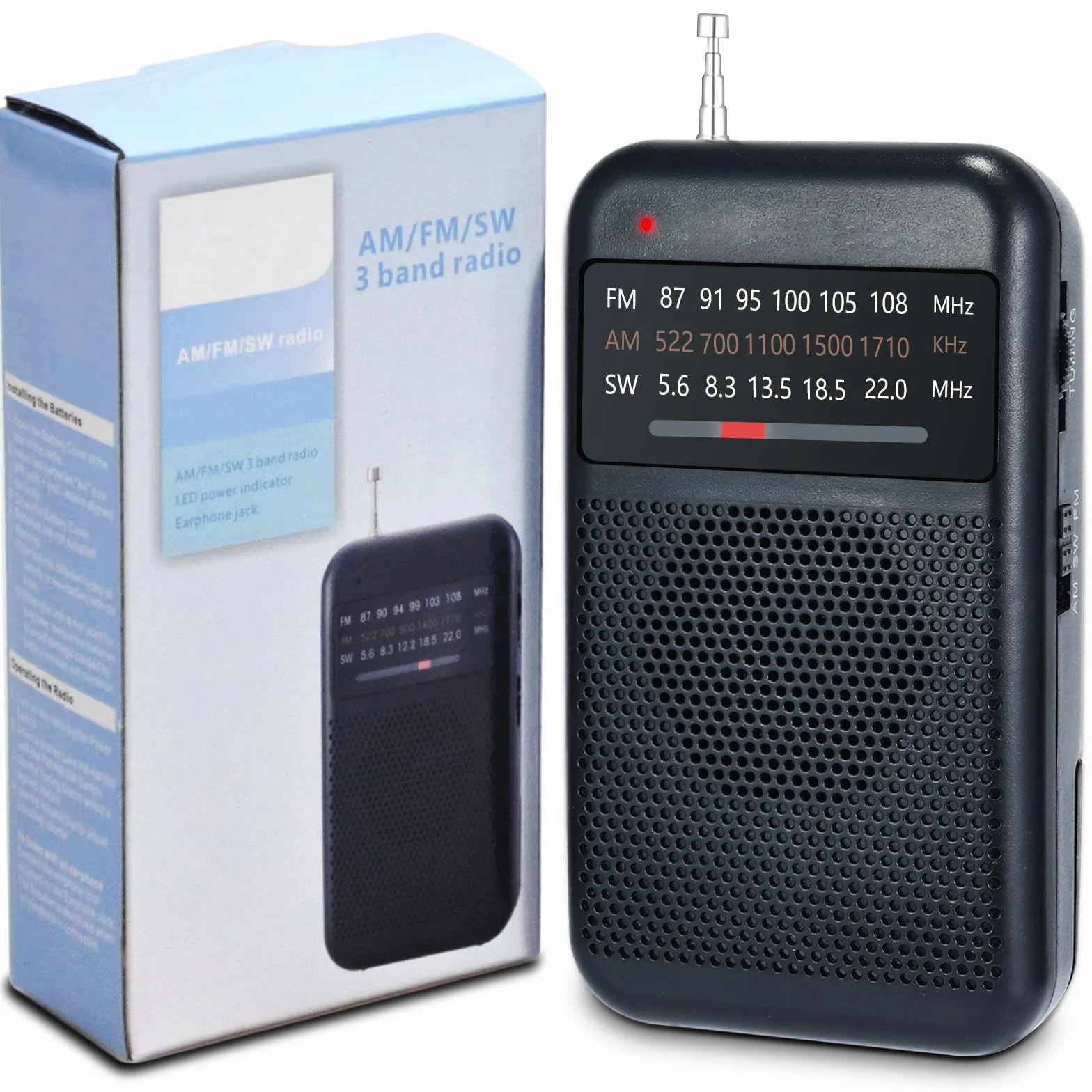 Radio portátil pequeña AM/FM/SW a pilas, mini radio de bolsillo con toma de auriculares