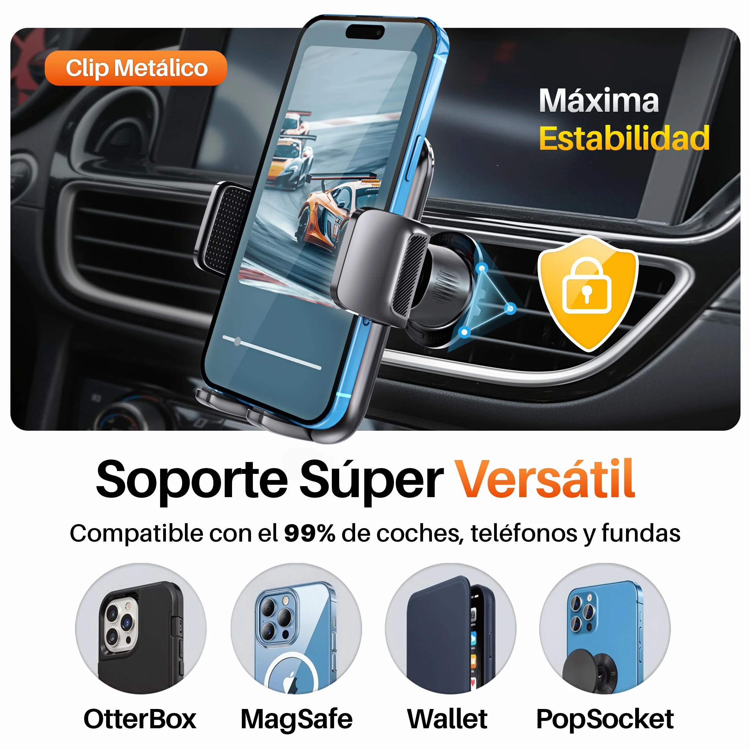 PORTENTUM Soporte movil Coche Rejilla de ventilación Triple Anclaje Rotación 360° orientable Compatible 4-7.5"