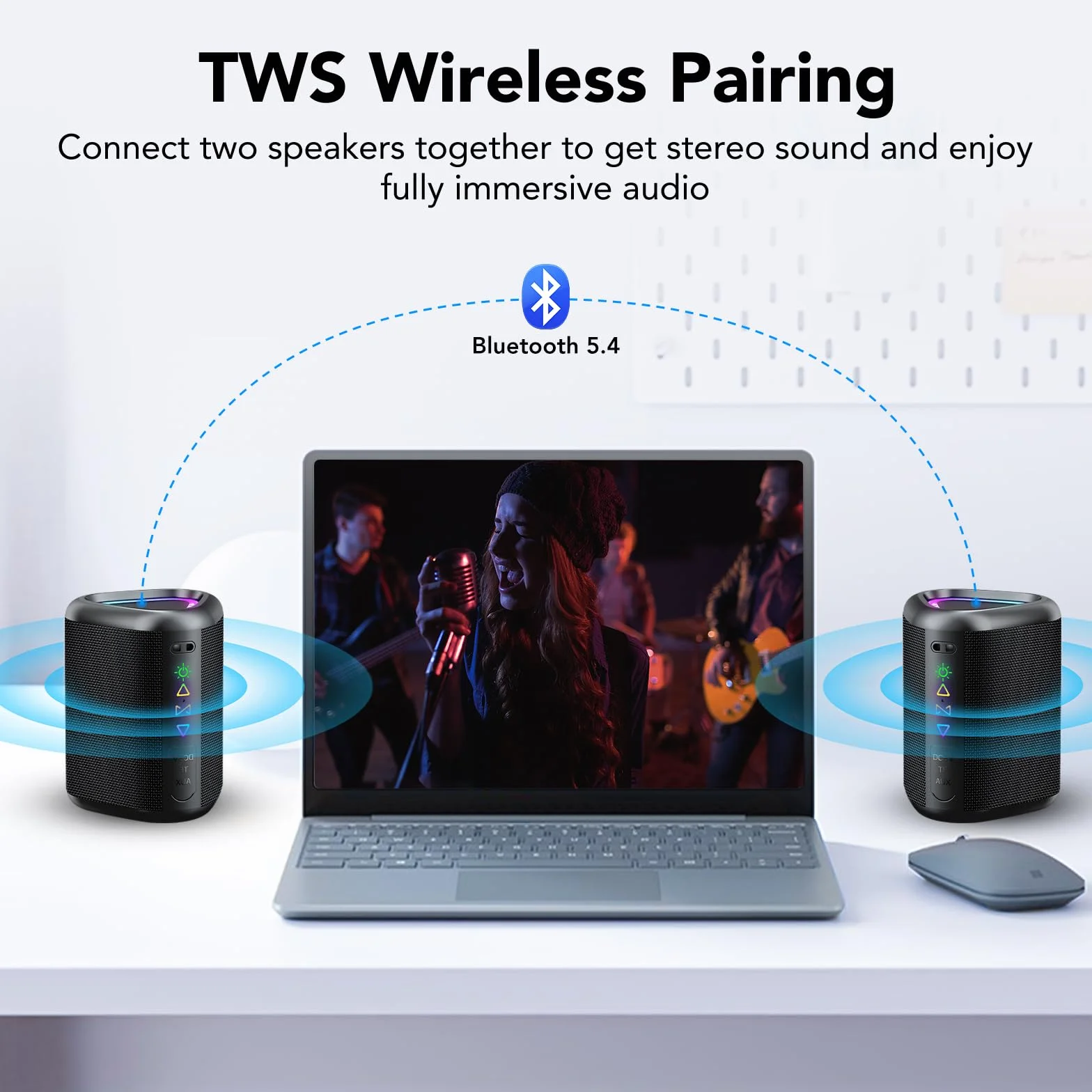Altavoz Bluetooth Portátil Potente Inalámbrico con Luz LED, Bluetooth 5.4, 24 Horas, Graves Mejorados, 360° Sonido Estéreo, Impermeable IPX7, Speaker de Exterior para Viajes/Deportes/Fiestas/Ciclismo
