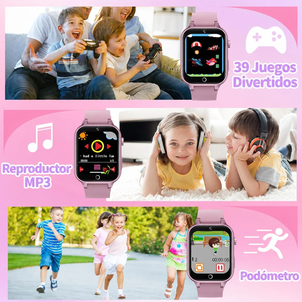 Reloj Inteligente Niño Niña 3-15 Años, 39 Juegos, Modo Deportivo, 100+ Tarjetas de Aprendizaje, Audiolibros, Modo Escuela, Cámara, MP3, Podómetro, Alarma, Linterna, Regalo Educativo para Niños y Niñas