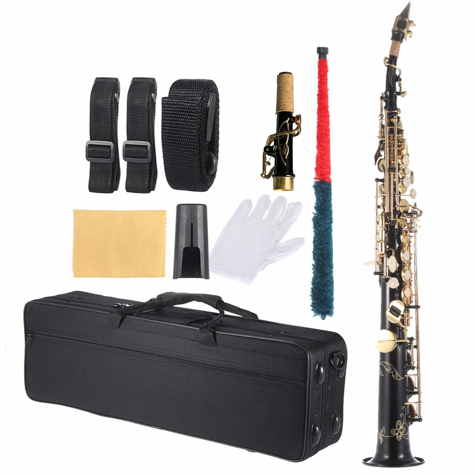 HUIOP Saxofón soprano recto de latón Saxofón Bb B Instrumento de viento de madera plano Patrón tallado de llave de concha natural con estuche de transporte Guantes Paño de limpieza Correas Varilla de