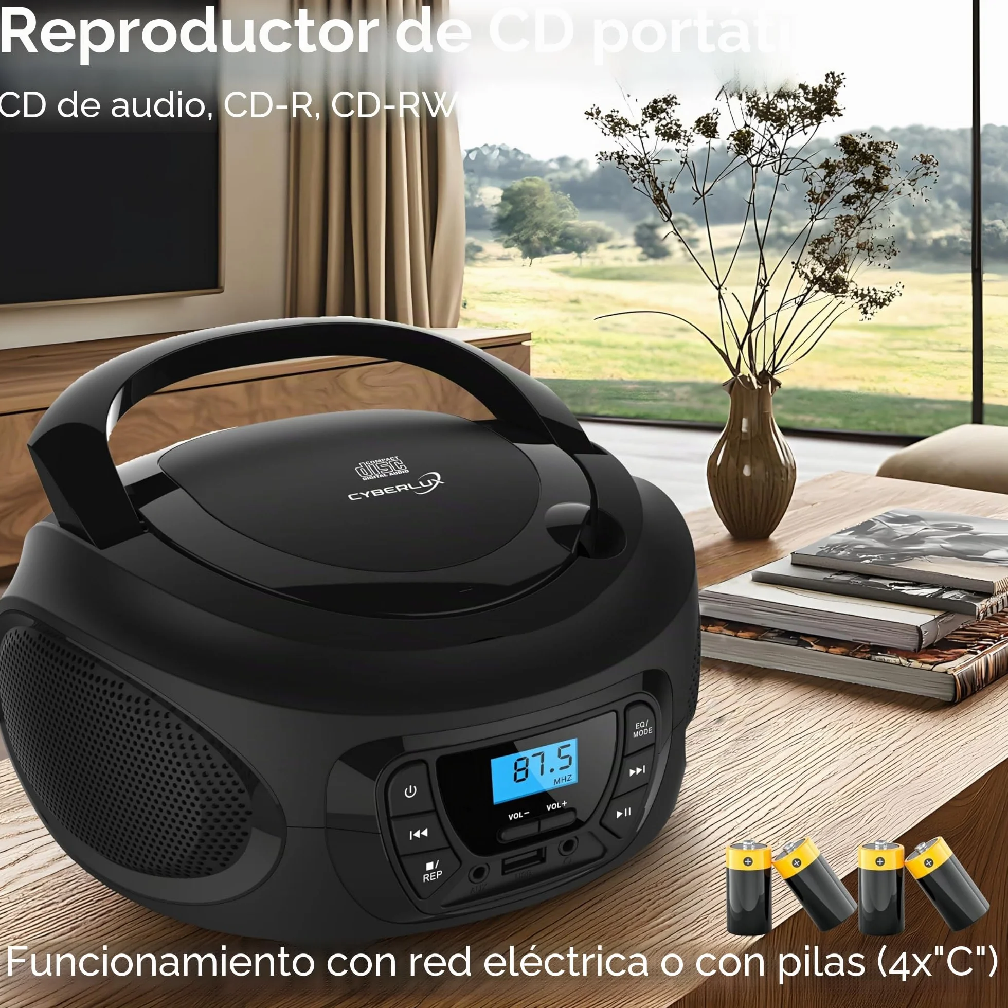 Boombox Reproductor de CD portátil Radio FM USB AUX Negro