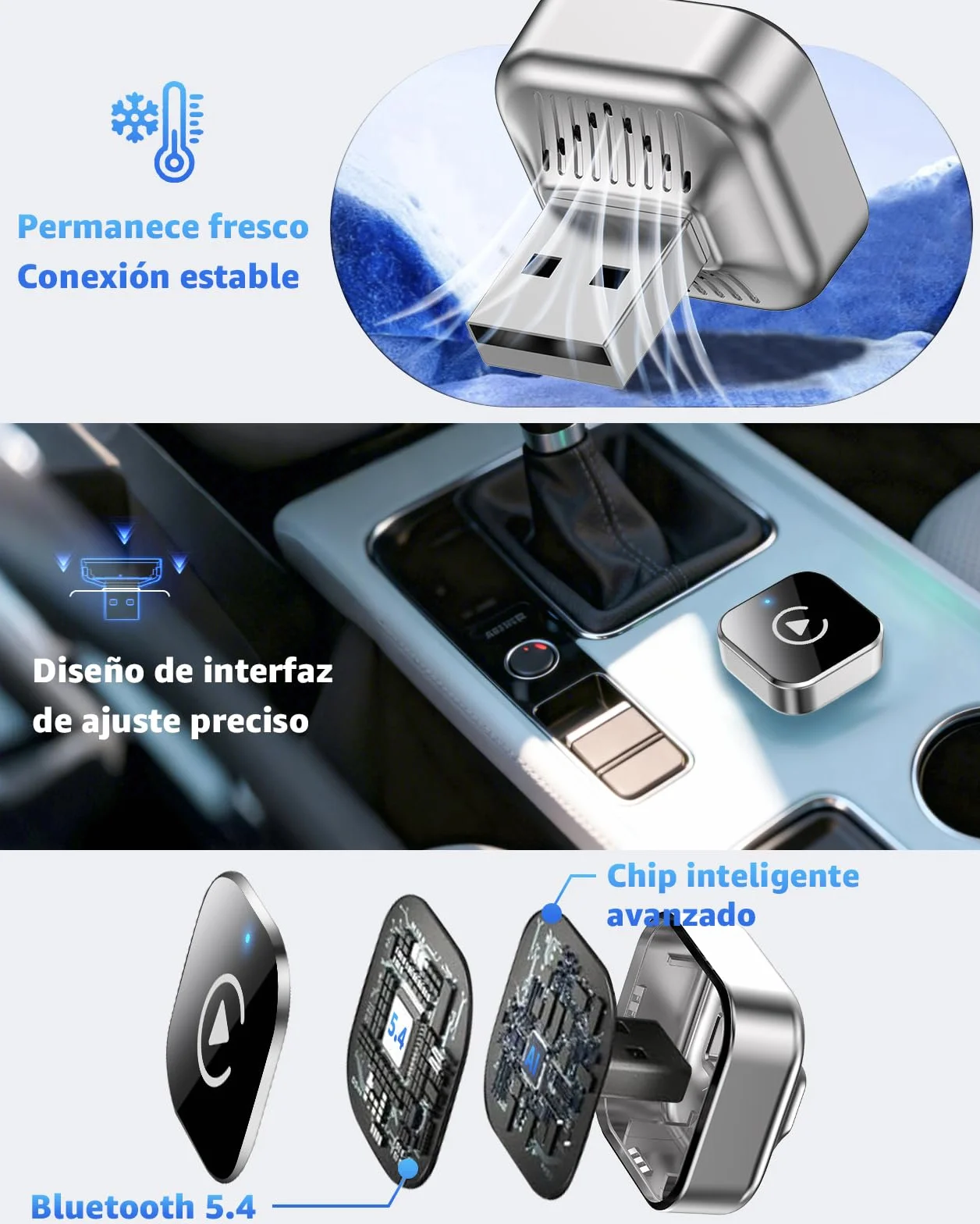 Adaptador CarPlay Inalámbrico y Android Auto, Mini Convertidor USB-A/USB-C Plug & Play, de Cable a Inalámbrico, Conexión Automática, WiFi 2.4GHz/5.8GHz, para Coches con CarPlay de Fábrica