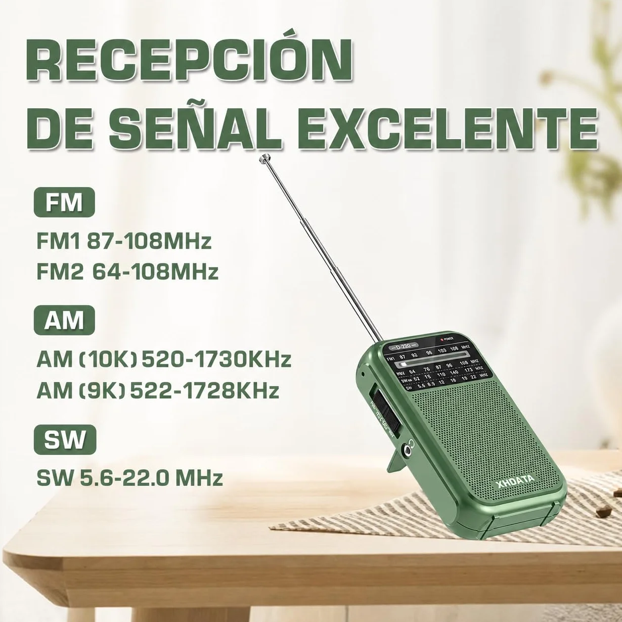 XHDATA D-220 Radio Portátil Pequeño FM AM SW Transistores Mini Radio de Bolsillo Verde