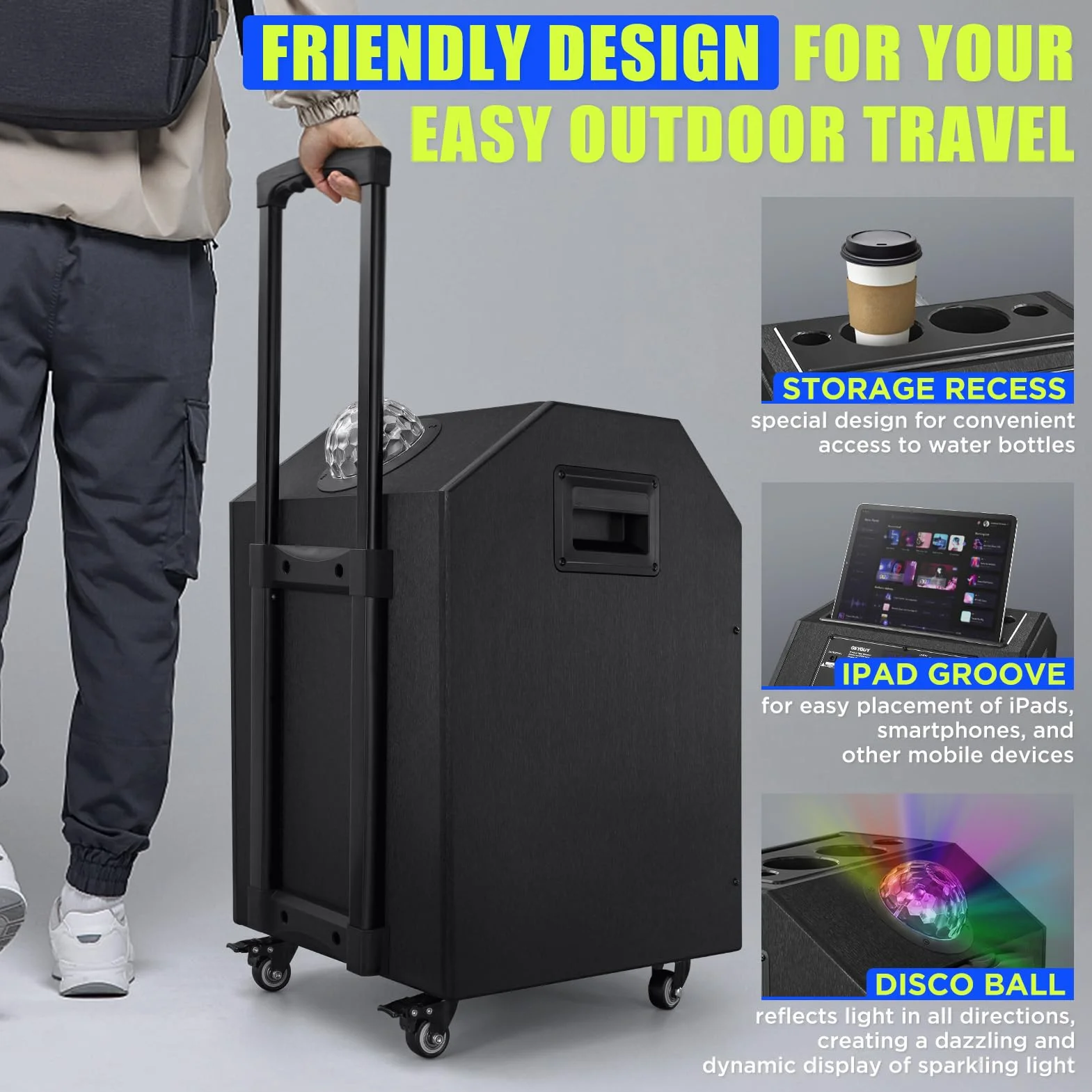 Máquina de Karaoke Portátil, Altavoz Karaoke con 2 Micrófonos, Altavoz Bluetooth, Soporte para Tableta, Luces de Discoteca, Control Remoto, diseño Exclusivo, Ruedas GTSK10-4